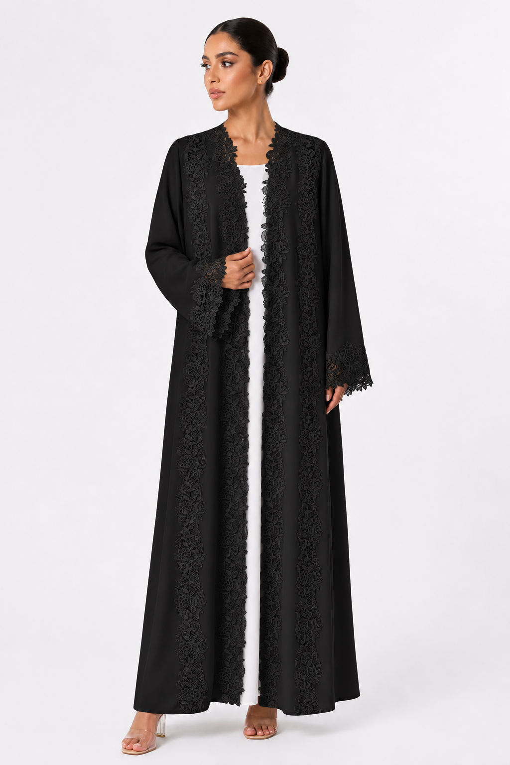 C 2509-02 Black Velvet Embroidered Lace Abaya