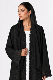 C 2509-02 Black Velvet Embroidered Lace Abaya