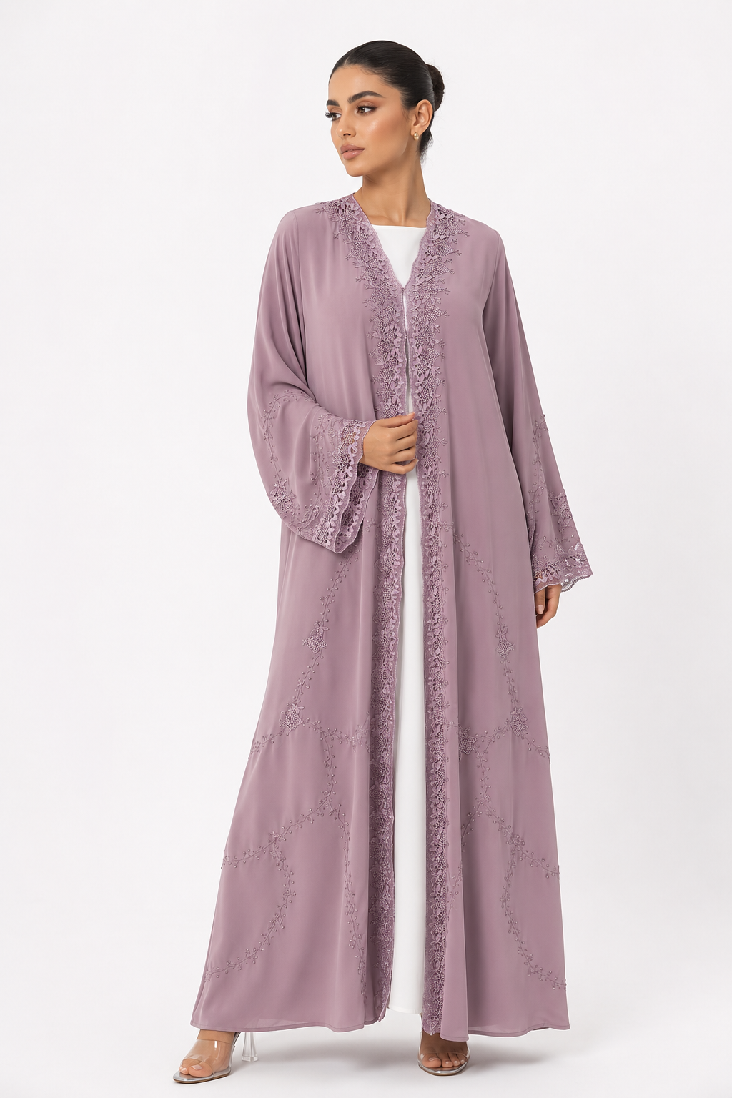 C 2509 Ube Velvet Embroidered Lace Abaya