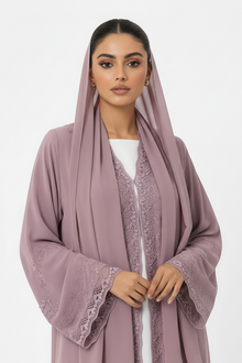 C 2509 Ube Velvet Embroidered Lace Abaya