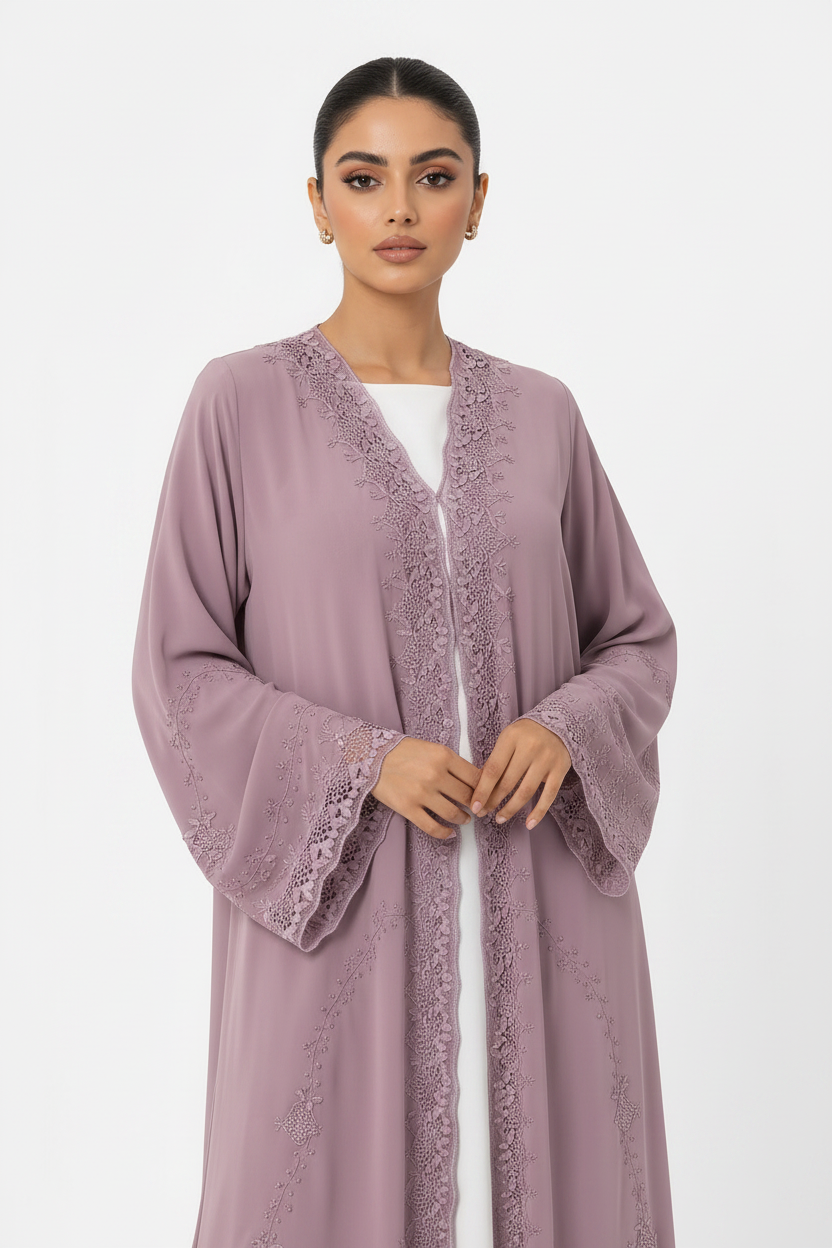 C 2509 Ube Velvet Embroidered Lace Abaya