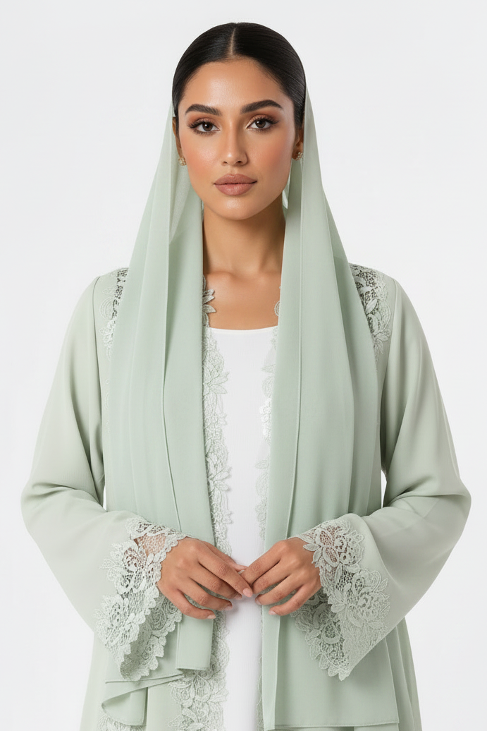 C 2510 Pistachio Dust Lace Abaya