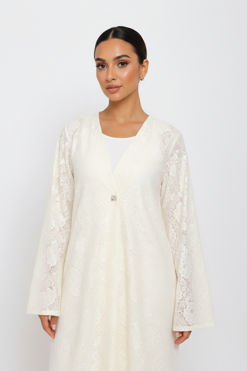 C 2520-01 Off White Dantel Abaya
