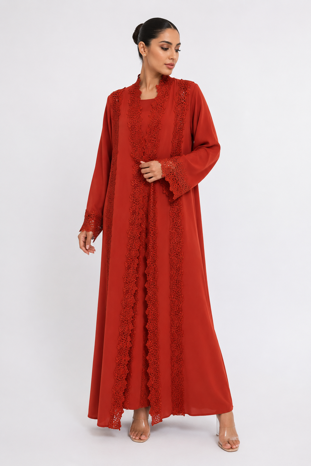 C 2522 Fire Brick Crystal Lace Abaya