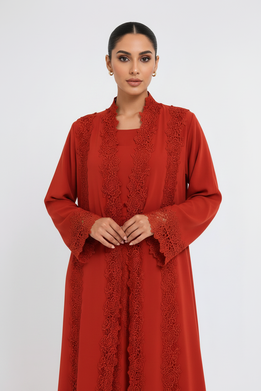 C 2522 Fire Brick Crystal Lace Abaya