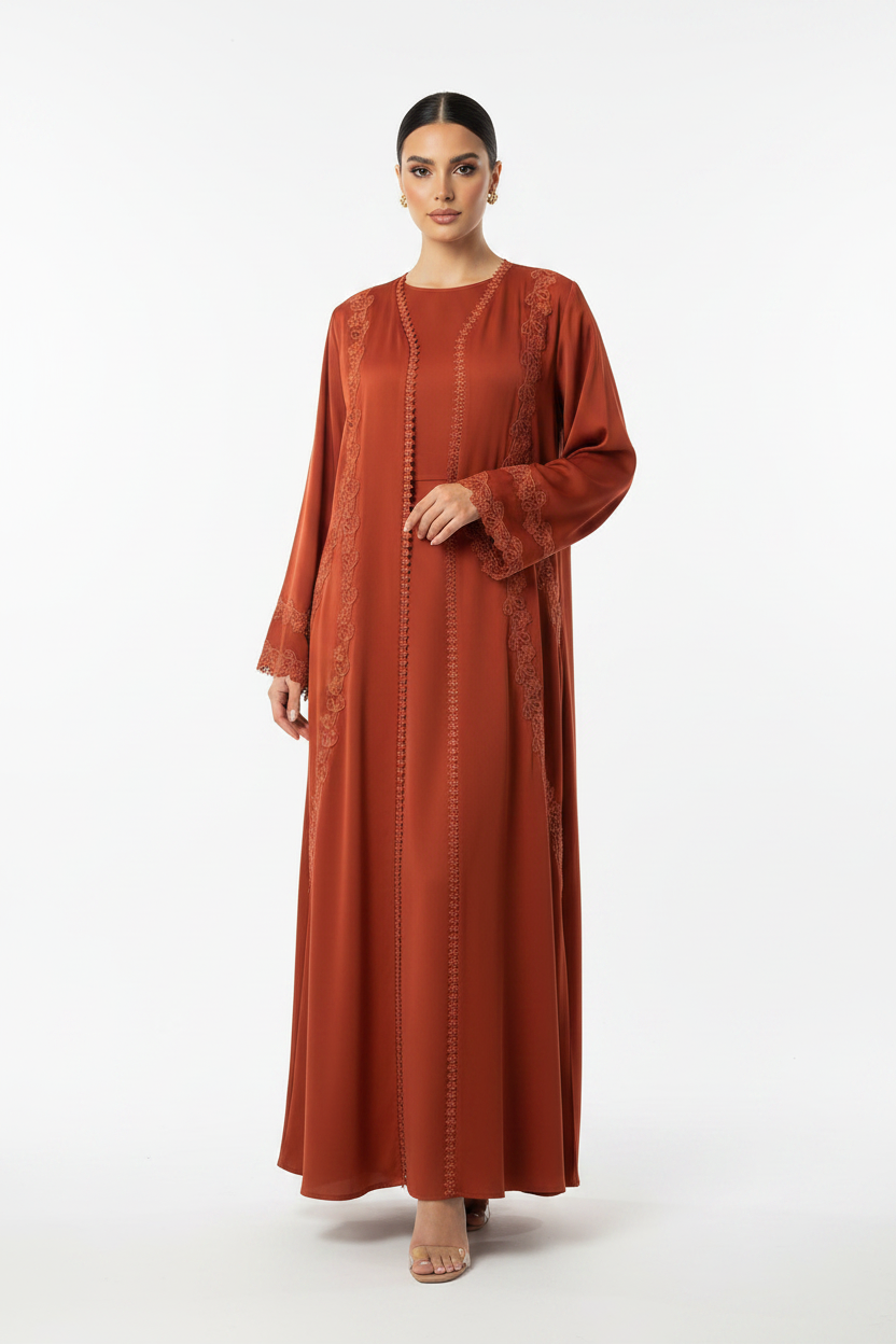 C 2523 Apricot Orange Lace Abaya