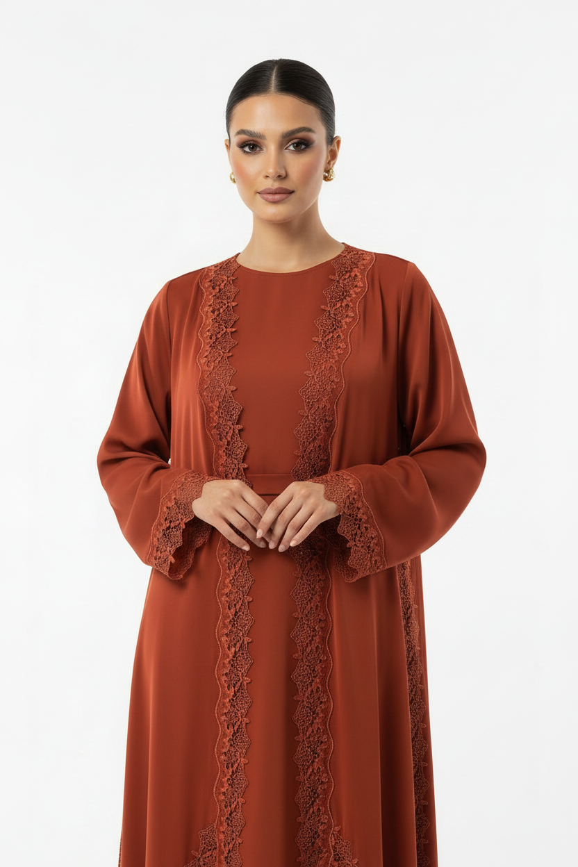 C 2526 Rust Orange Lace Abaya
