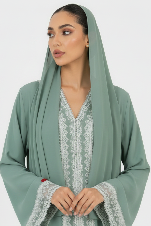C 2530 Eucalyptus Mist Lace Abaya