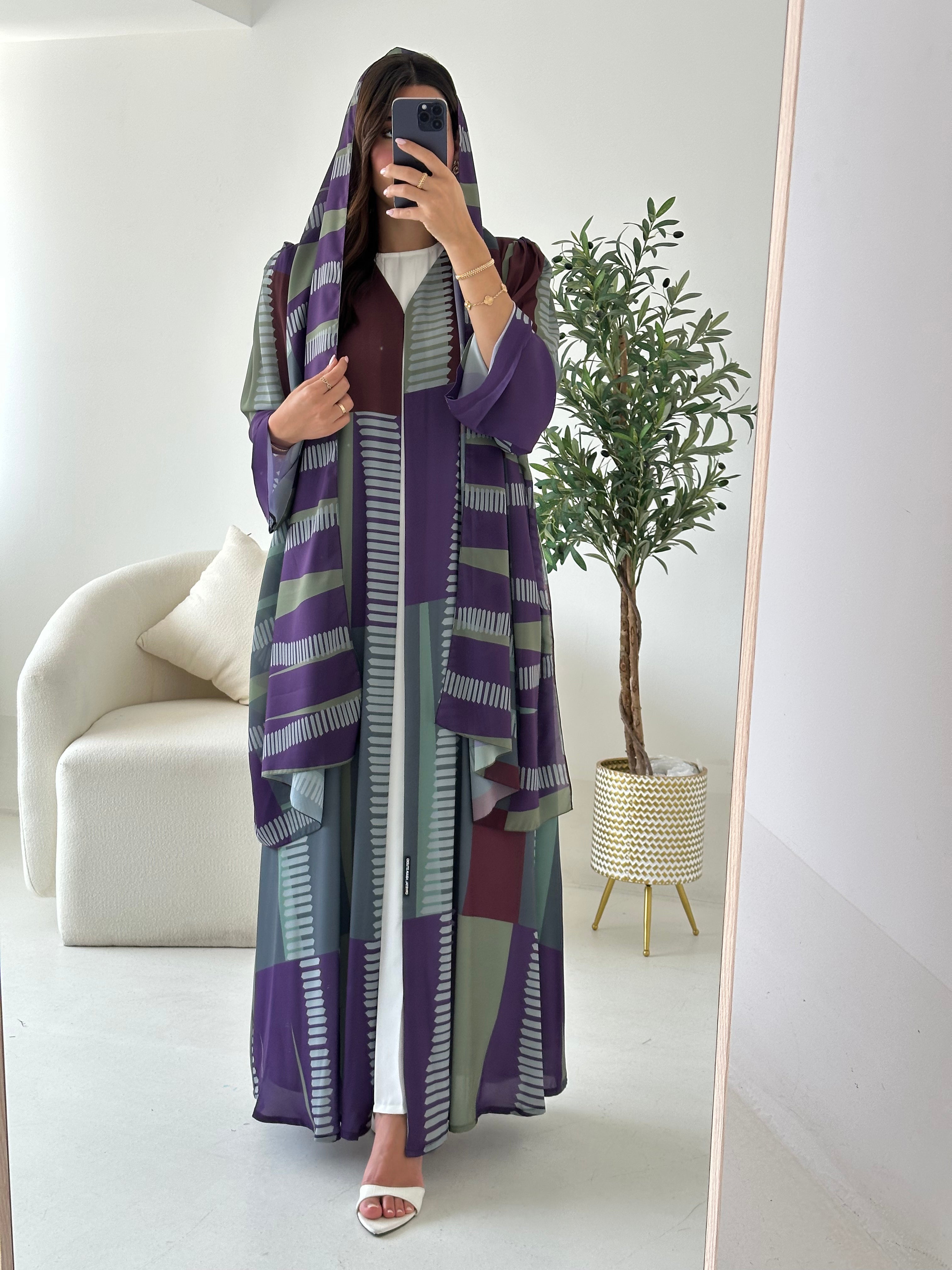 C 2537 Purple Green Printed Abaya