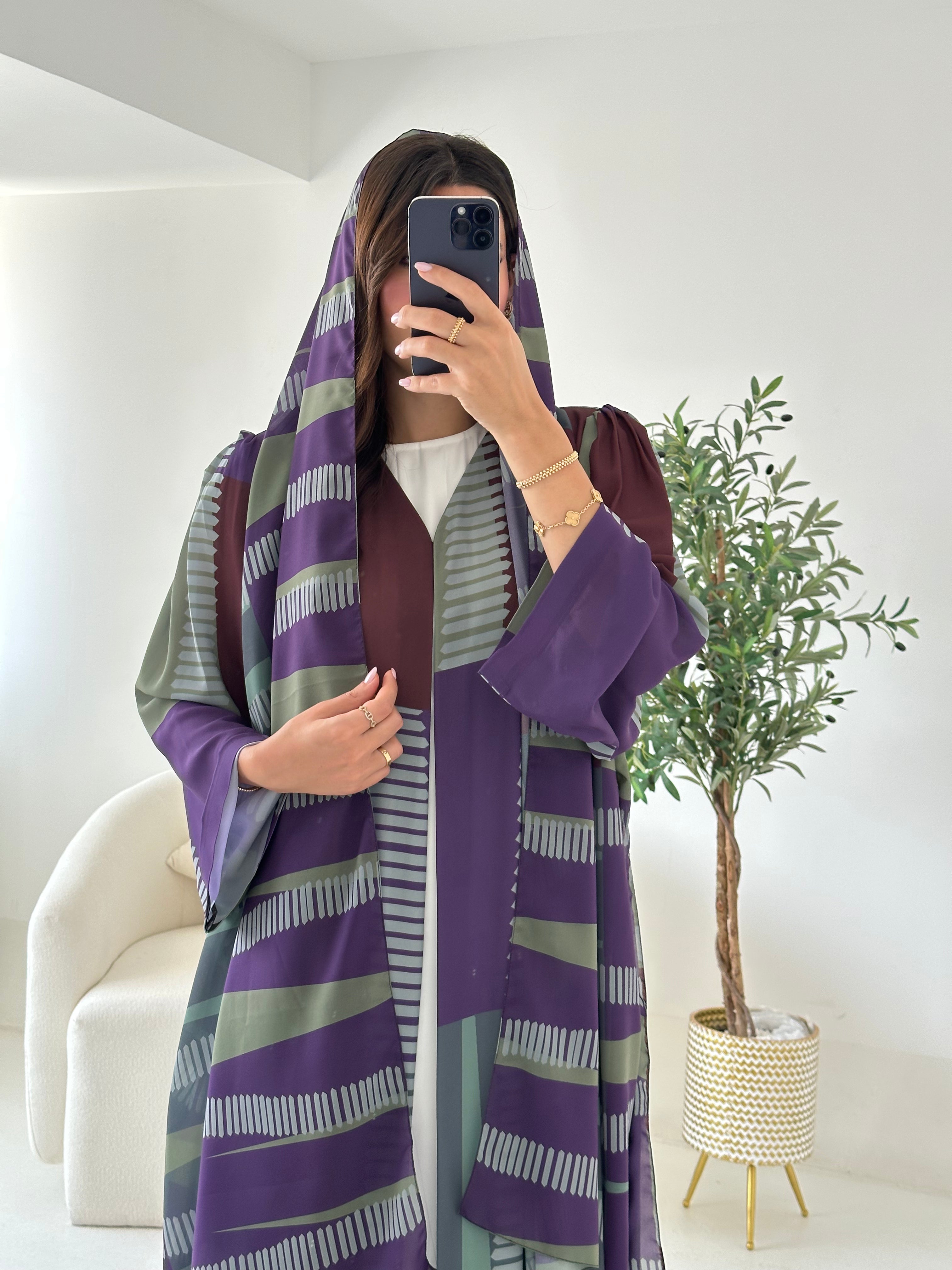 C 2537 Purple Green Printed Abaya
