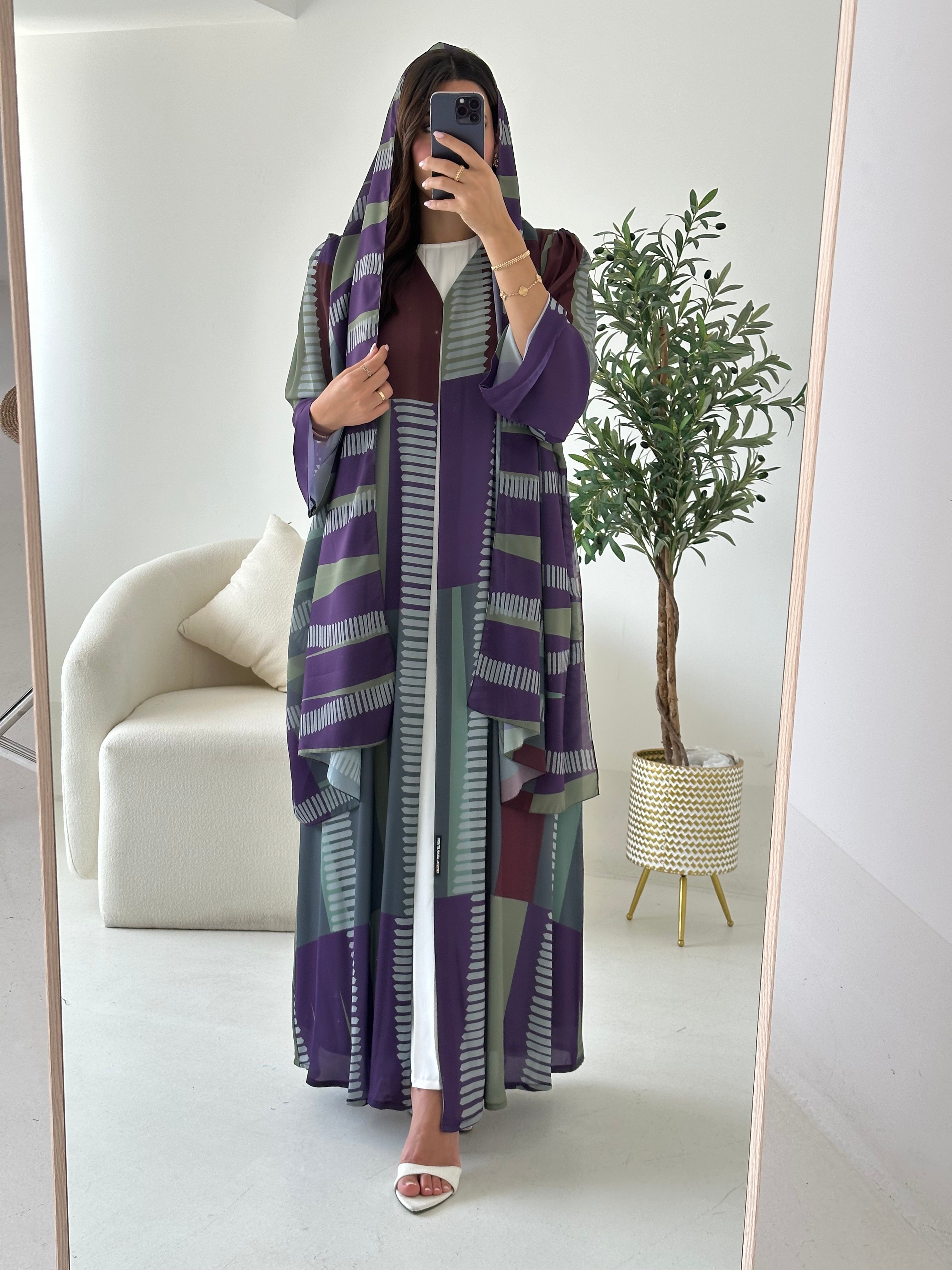 C 2537 Purple Green Printed Abaya