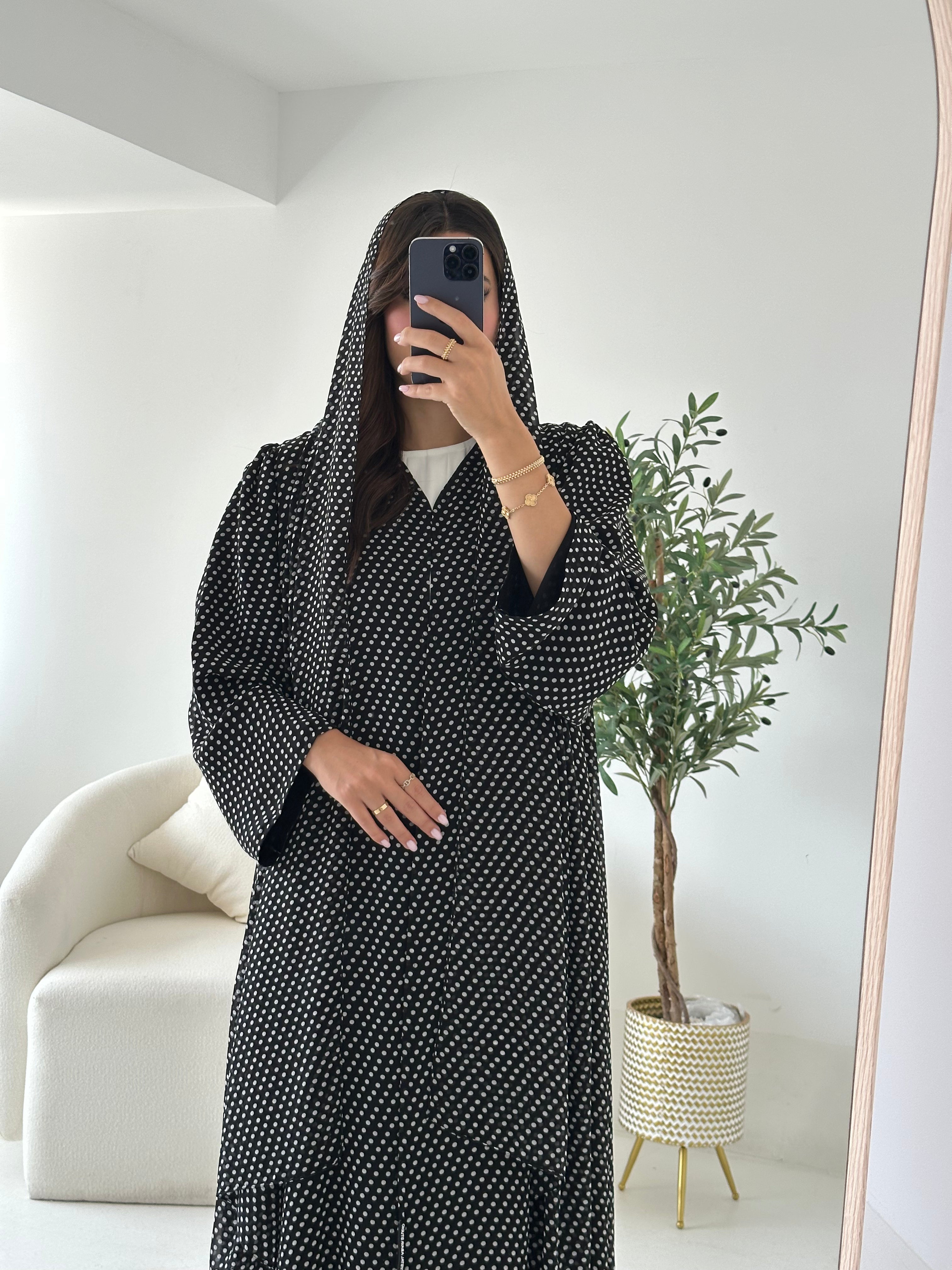 C 2539 Black Polka Dot Printed Abaya