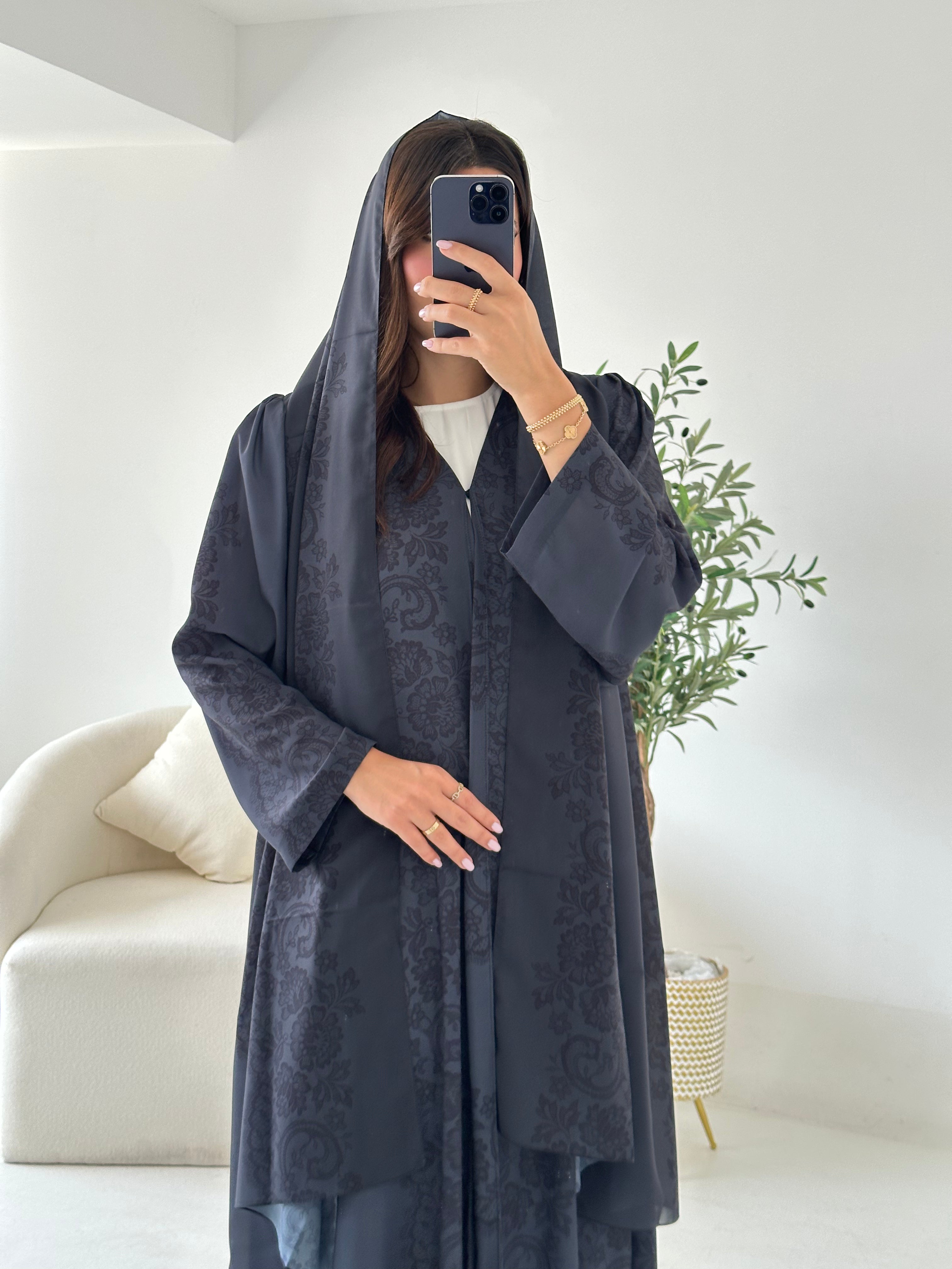 C 2542 Dark Grey Printed Abaya