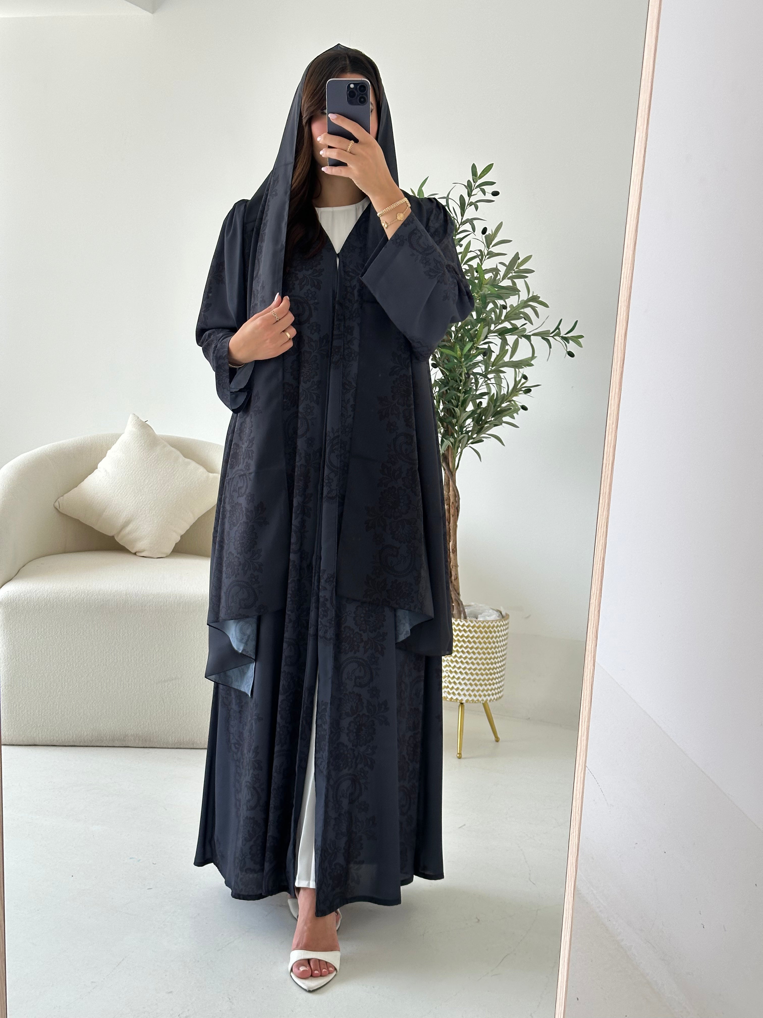C 2542 Dark Grey Printed Abaya