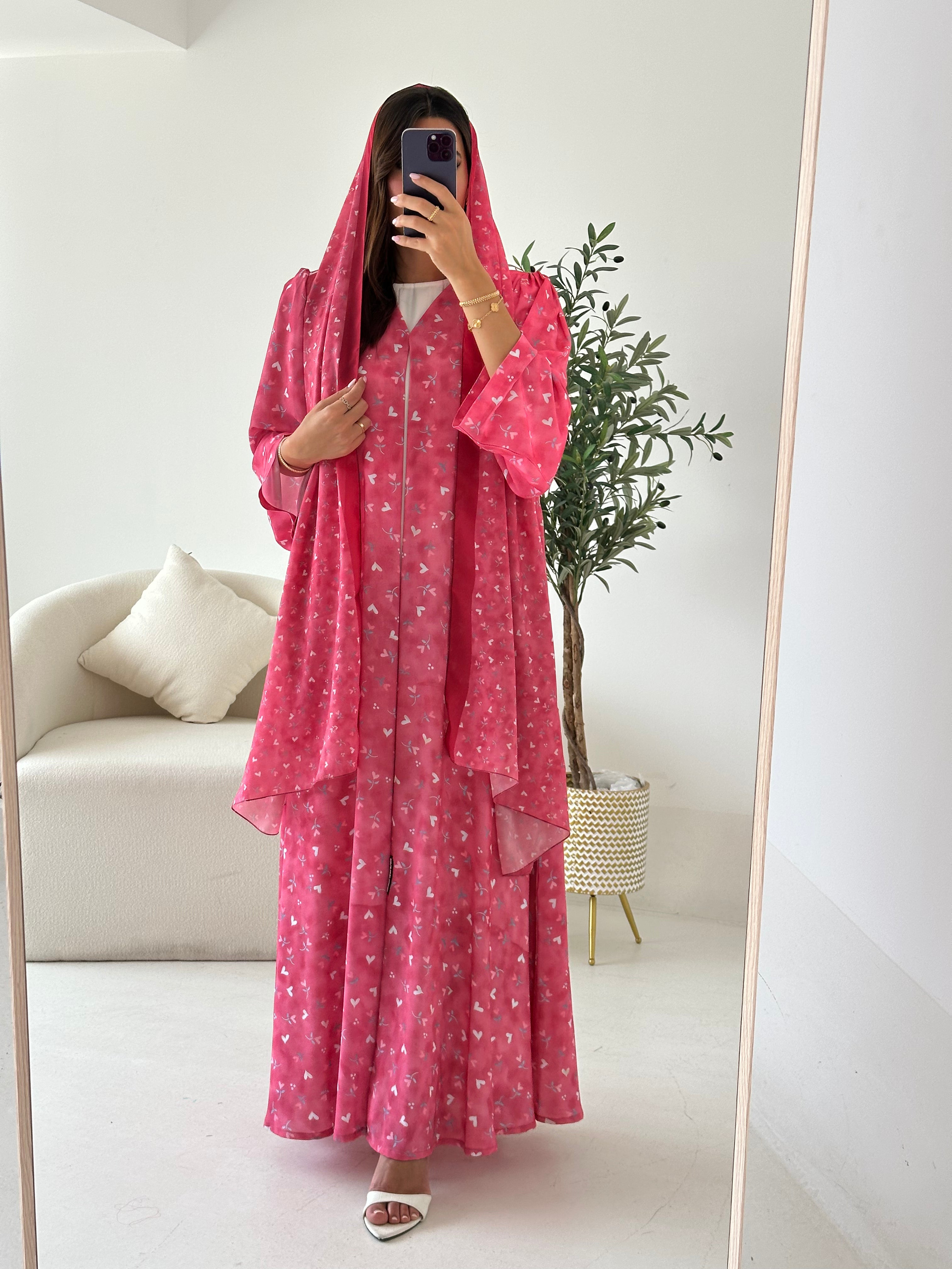 C 2544 Berry Pink Hearts Printed Abaya