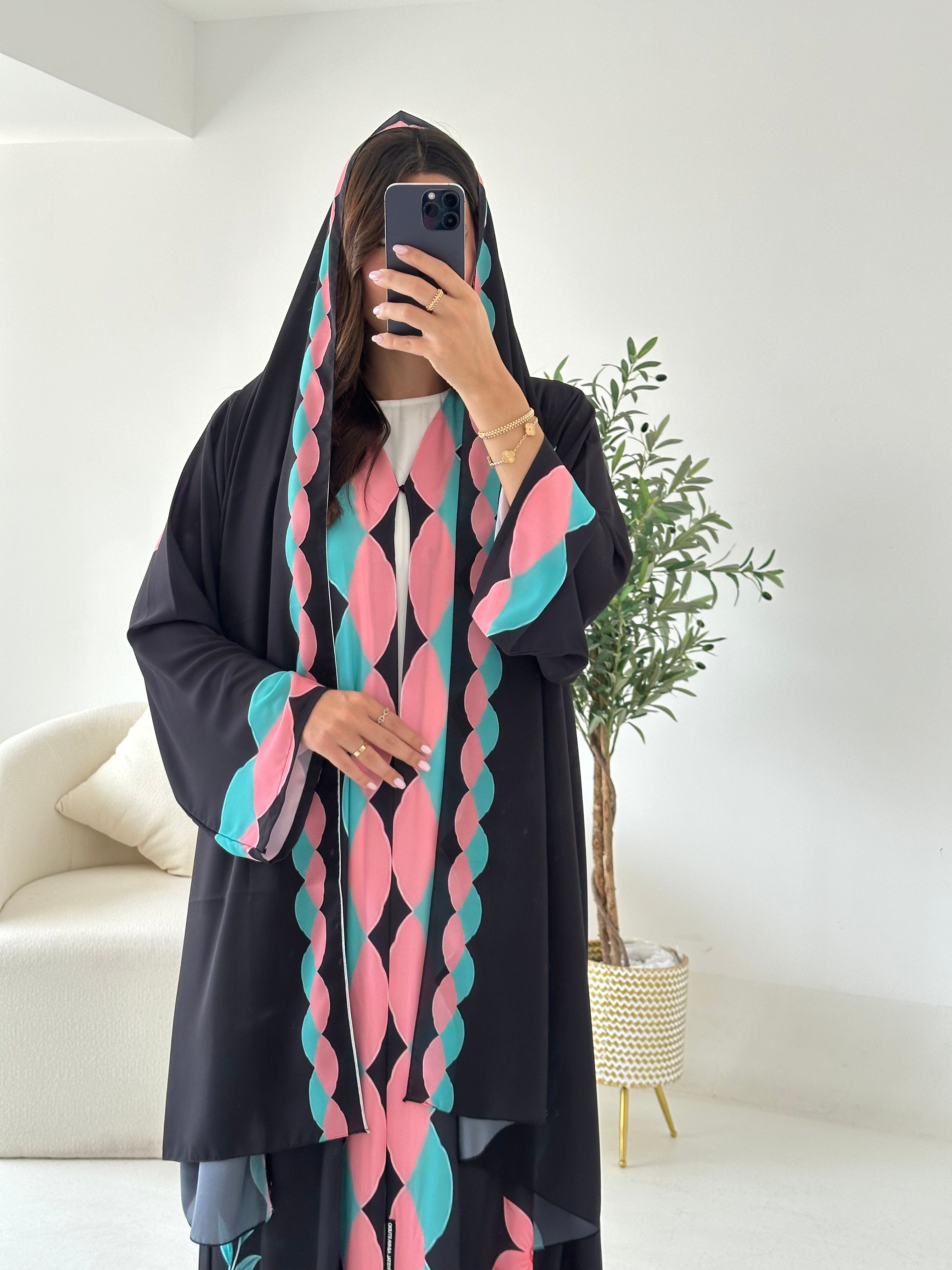 C 2546 Black Pink Printed Abaya