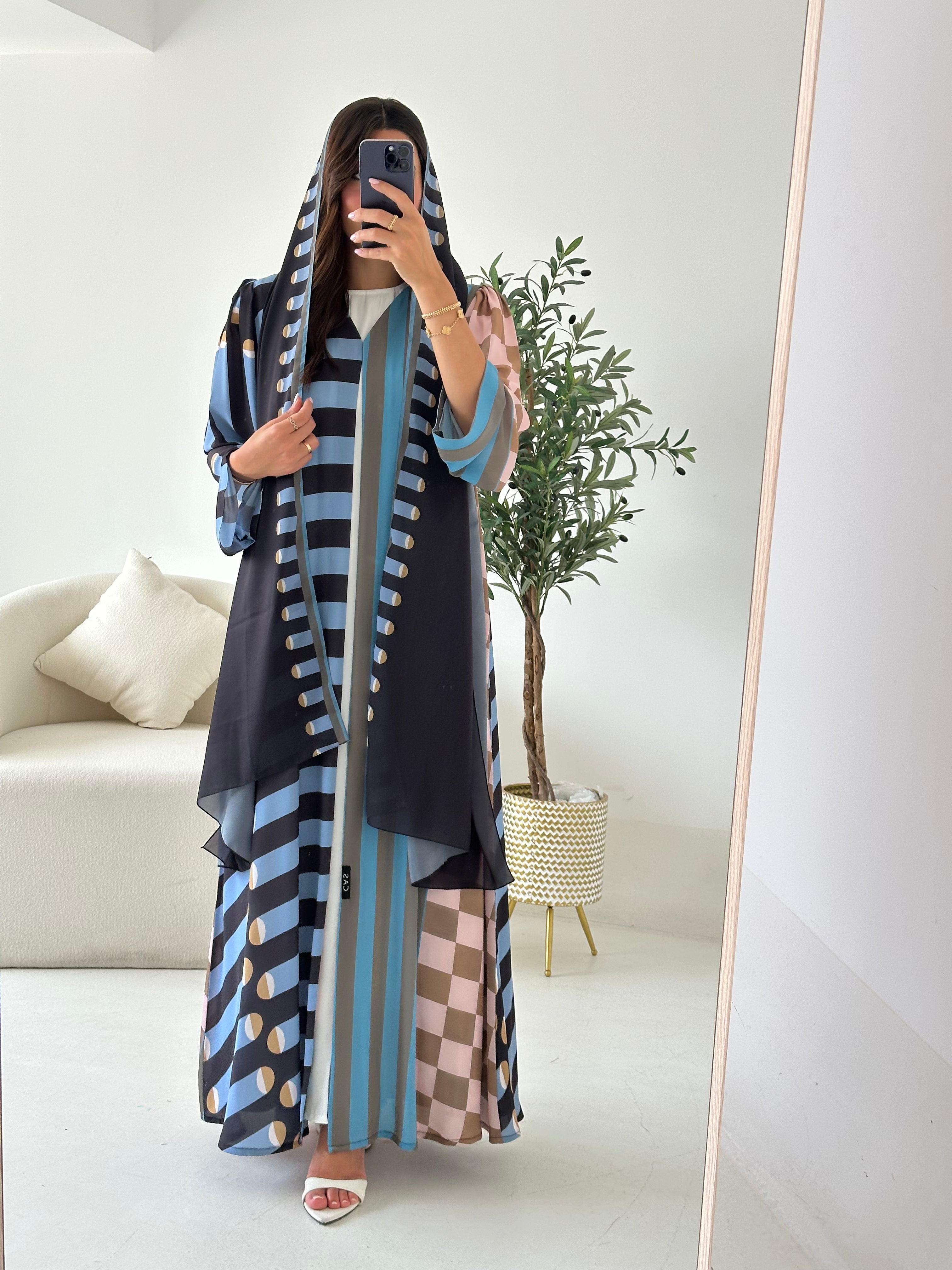 C 2550 Light Blue Patterned Printed Abaya