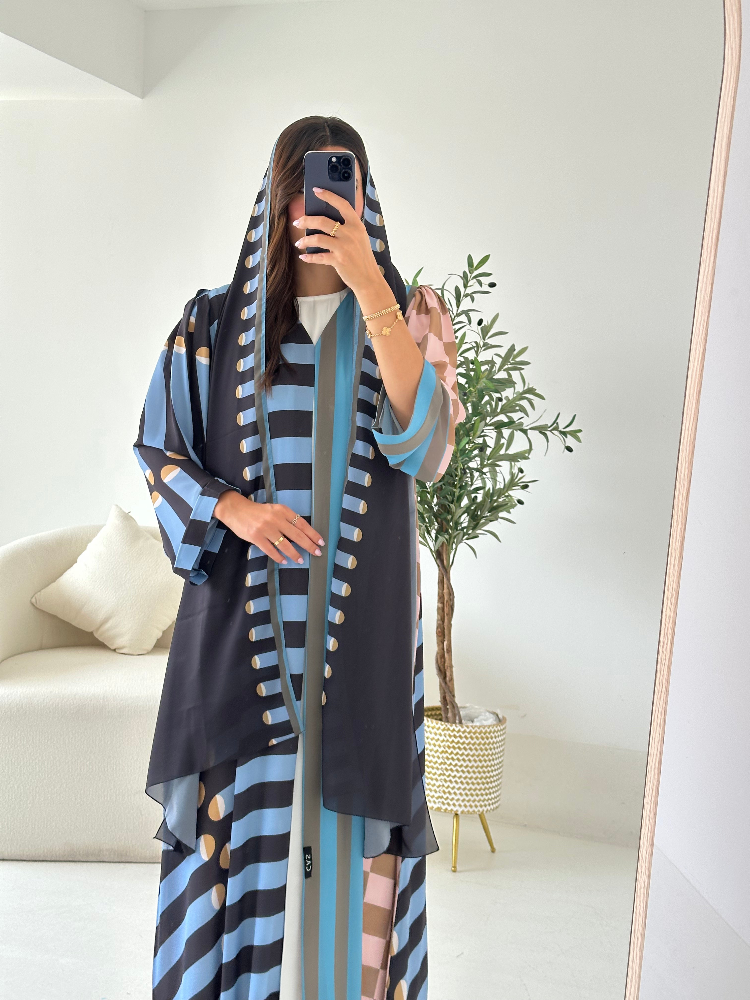C 2550 Light Blue Patterned Printed Abaya