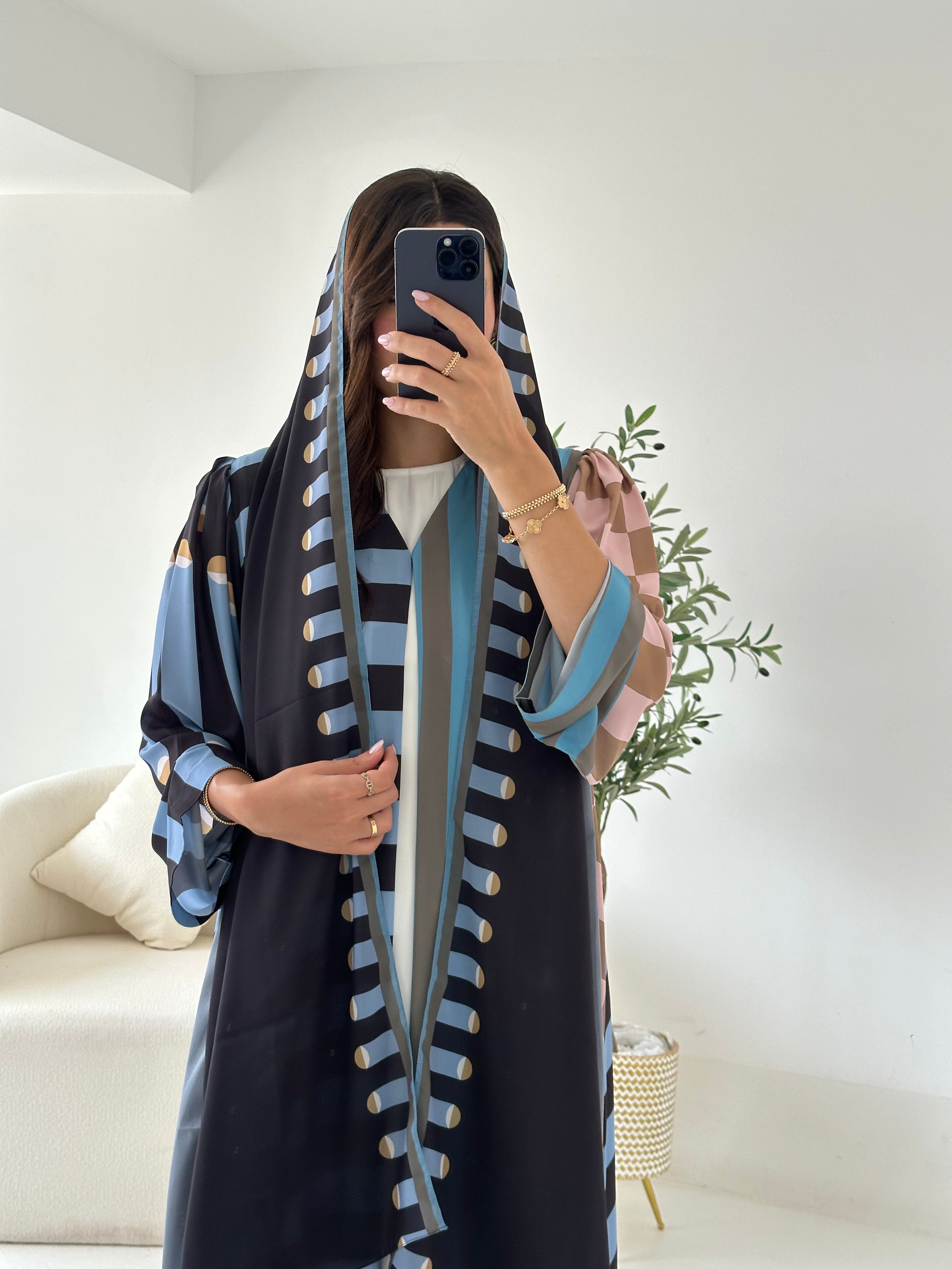 C 2550 Light Blue Patterned Printed Abaya