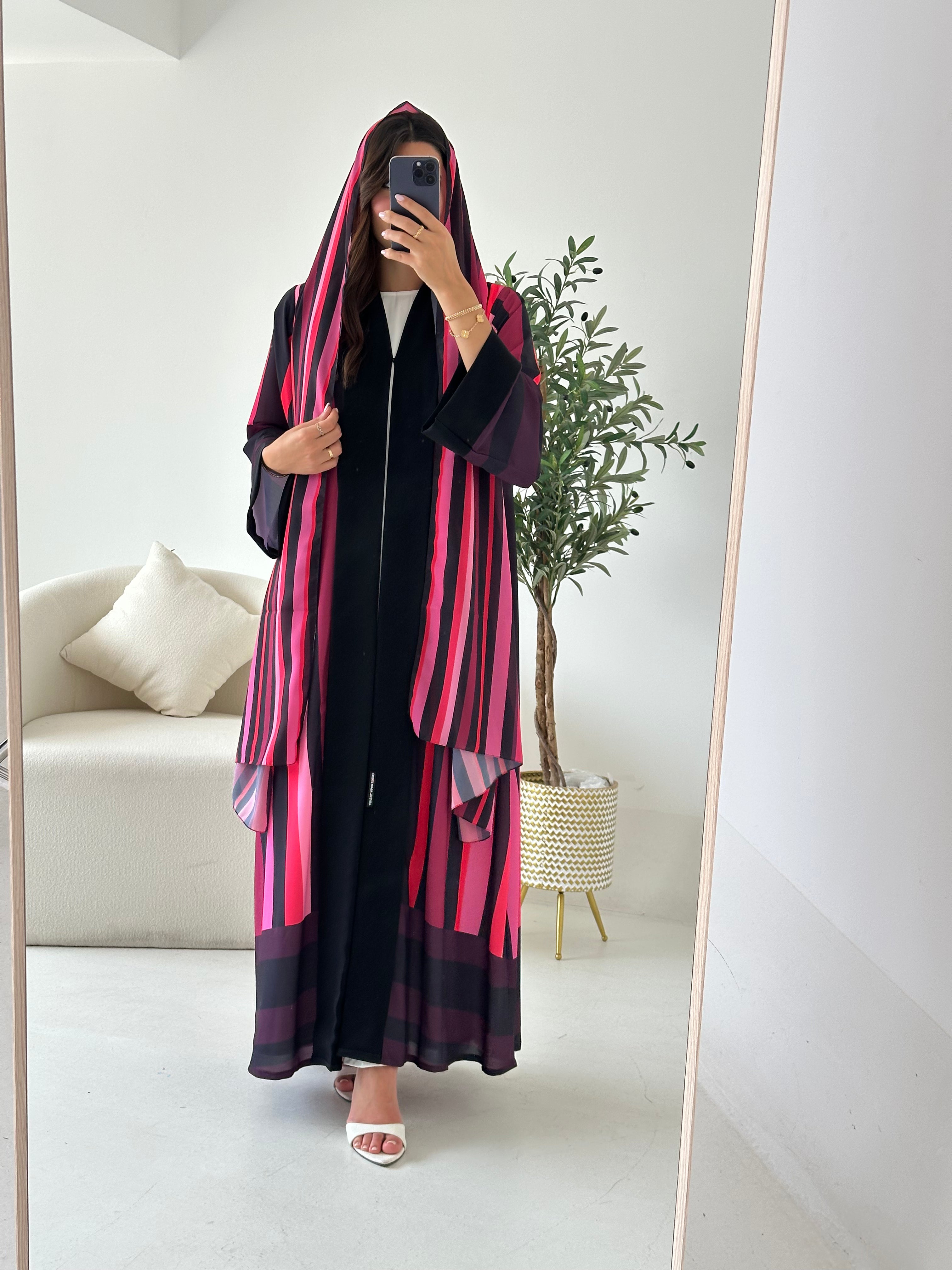 C 2551 Dark Pink Striped Printed Abaya
