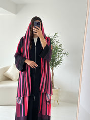 C 2551 Dark Pink Striped Printed Abaya