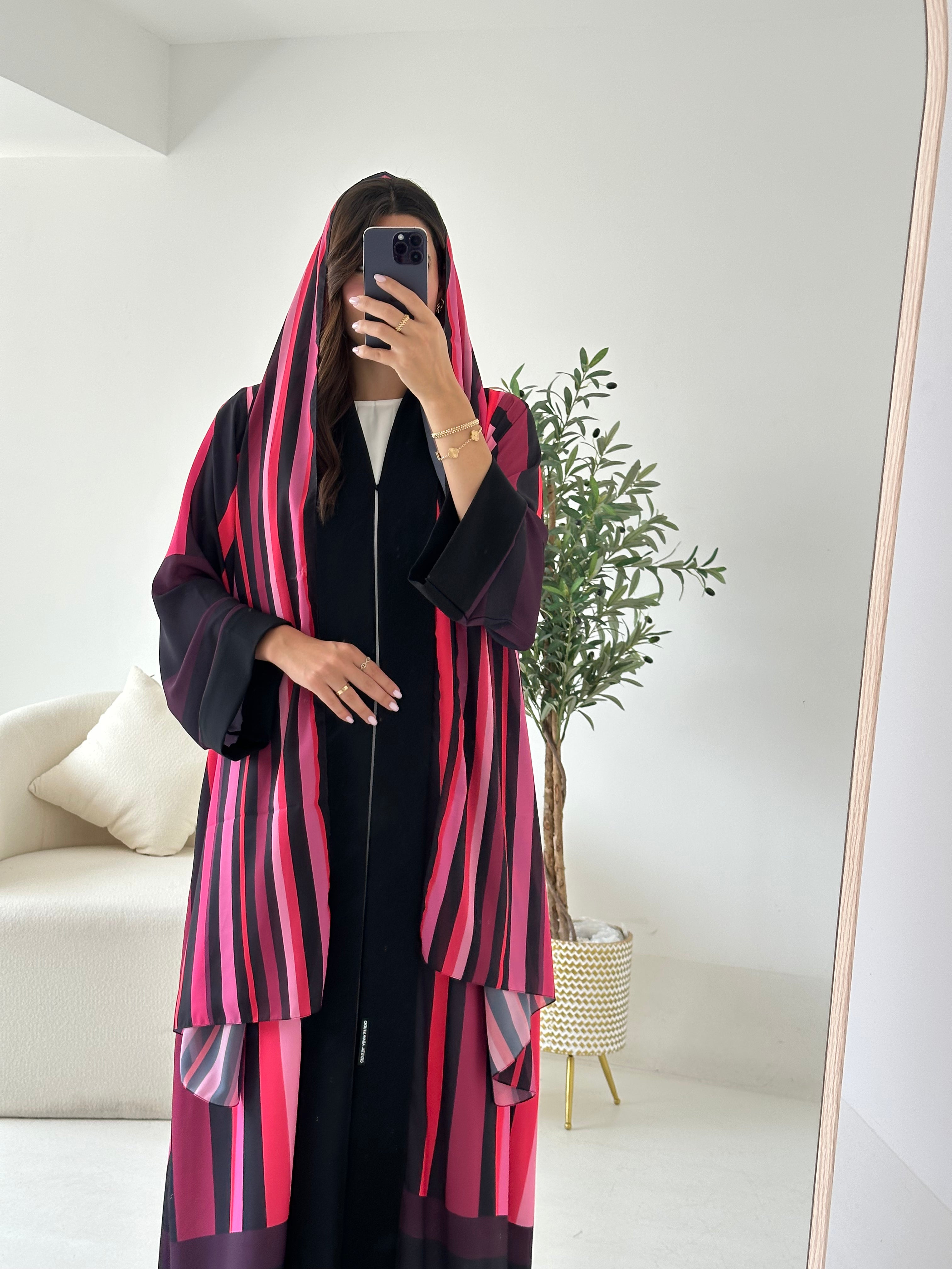 C 2551 Dark Pink Striped Printed Abaya