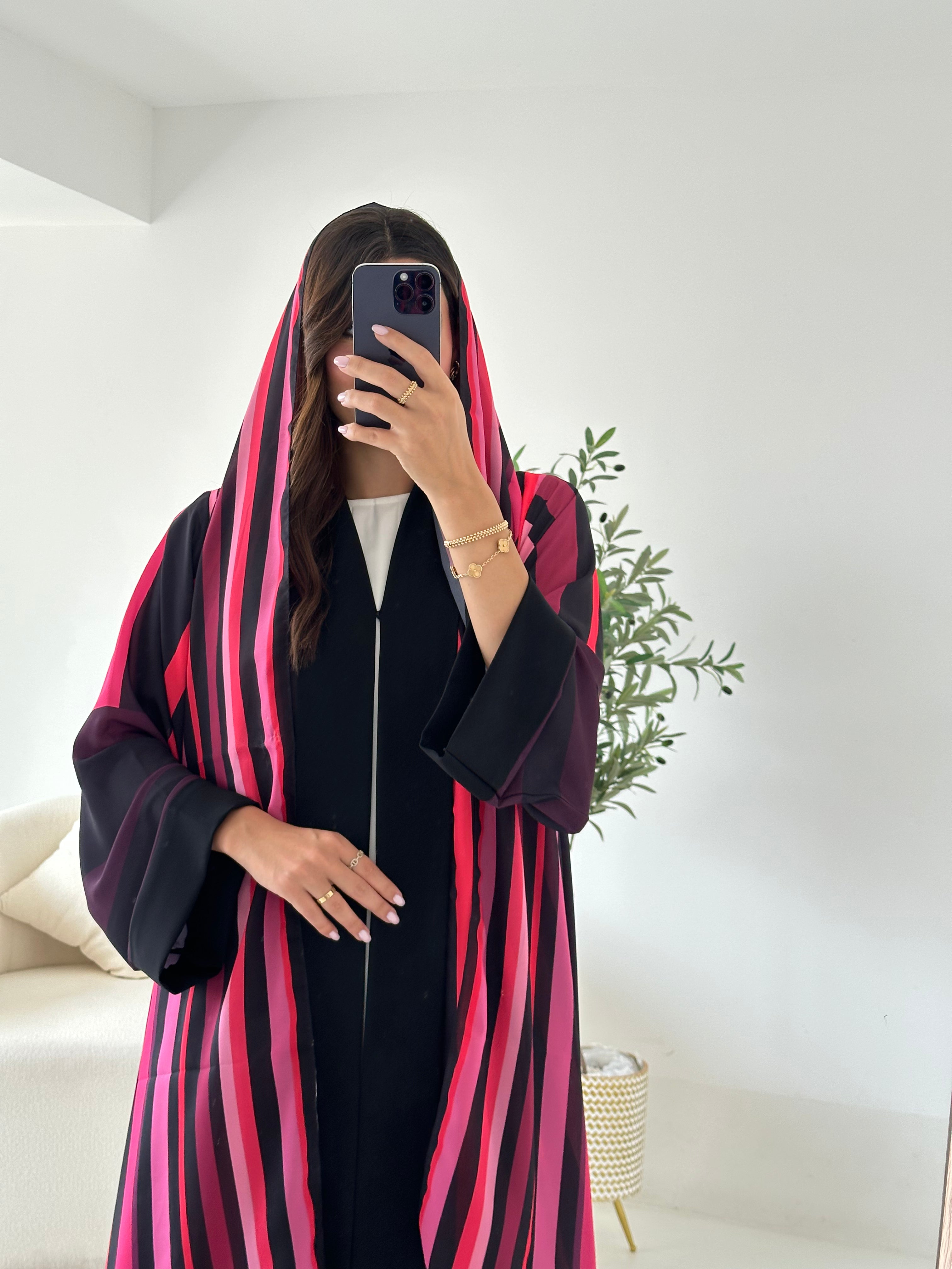 C 2551 Dark Pink Striped Printed Abaya