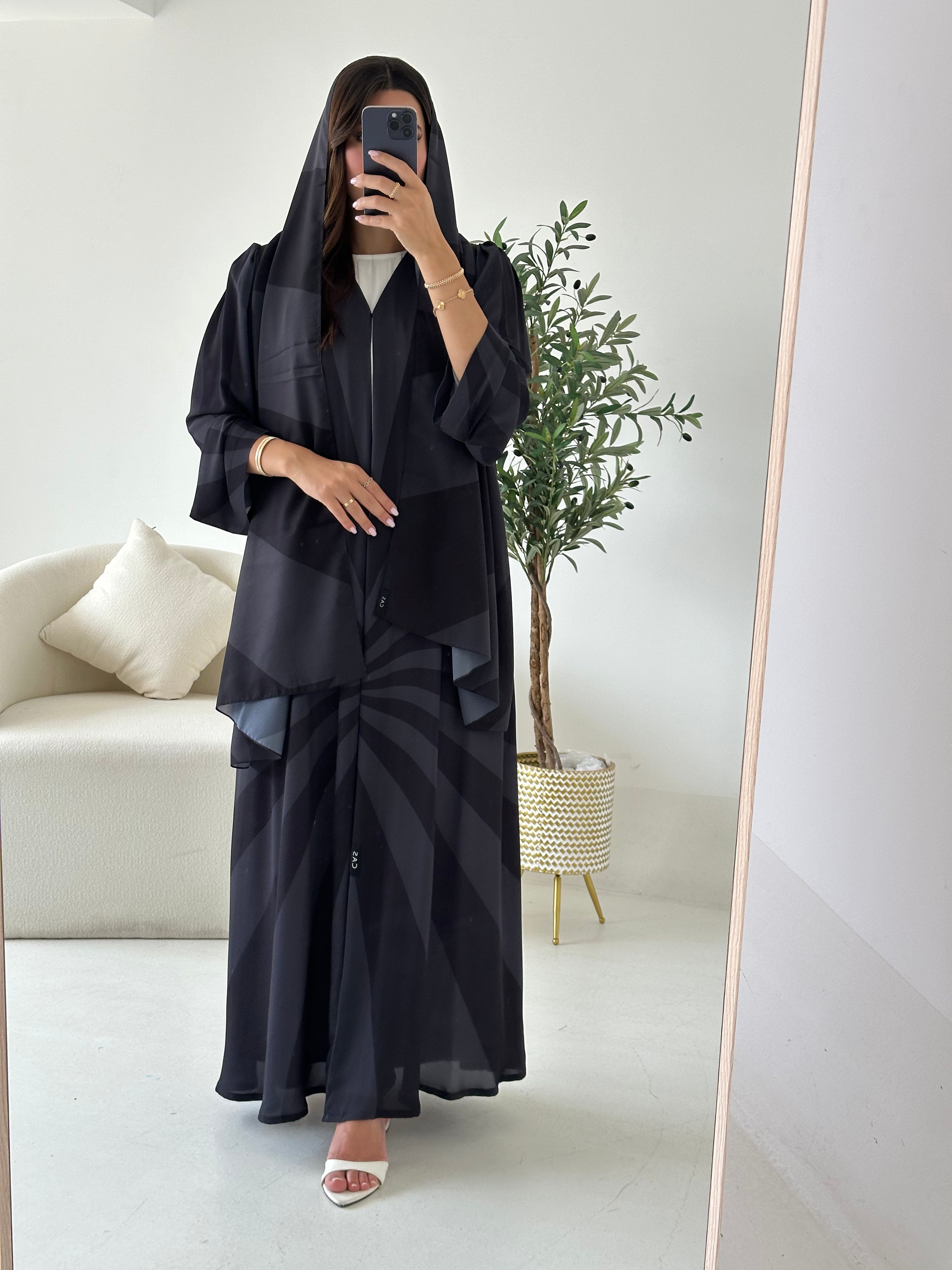 C 2555 Dark Grey Stripe Printed Abaya