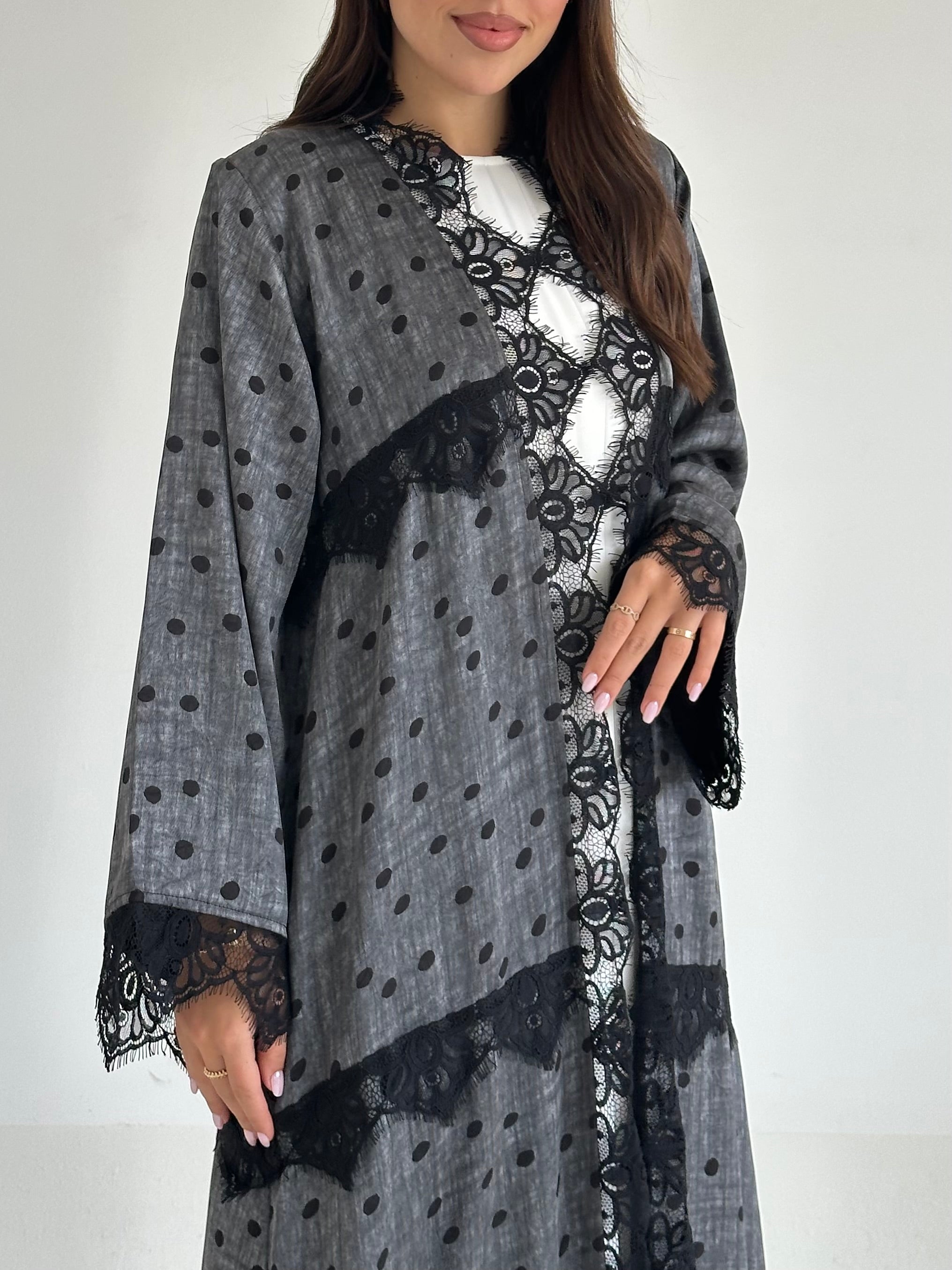 C 2563 Dark Grey Polka Dantel Abaya