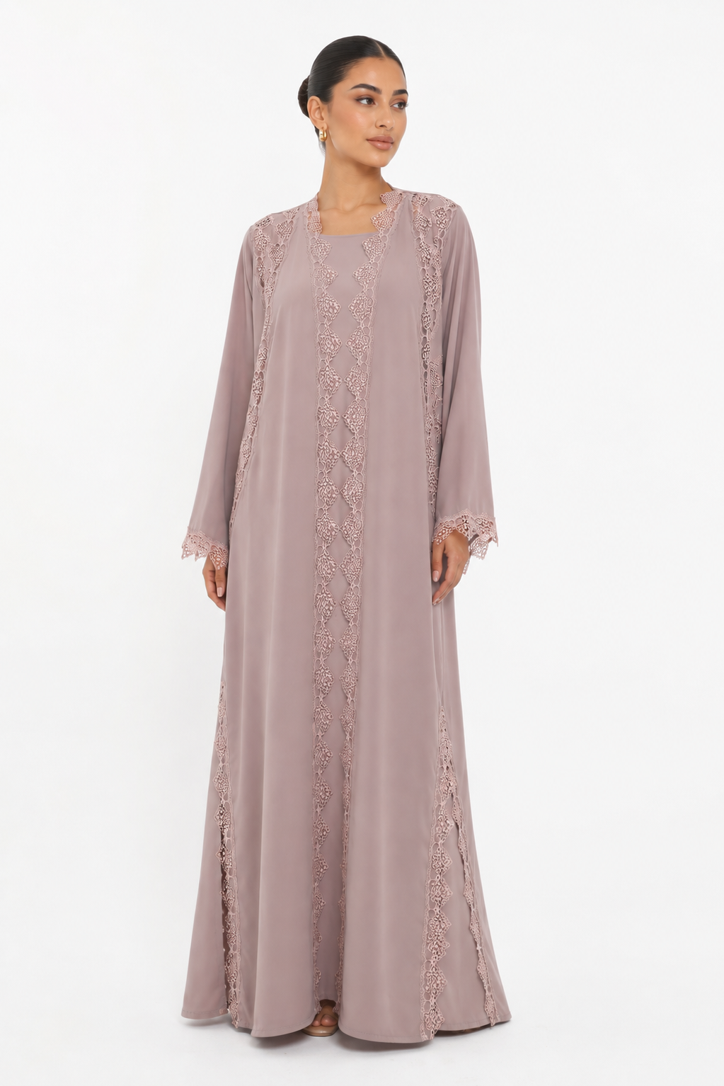 C 2566 Fig Cream Lace Abaya