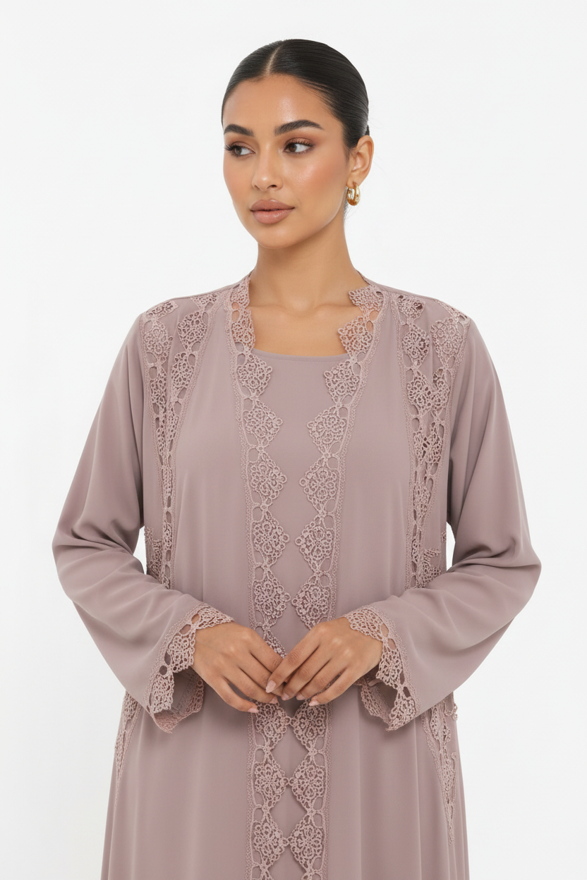 C 2566 Fig Cream Lace Abaya