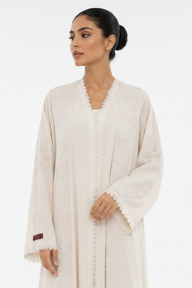 C 2568 Almond Mousse Lace Abaya