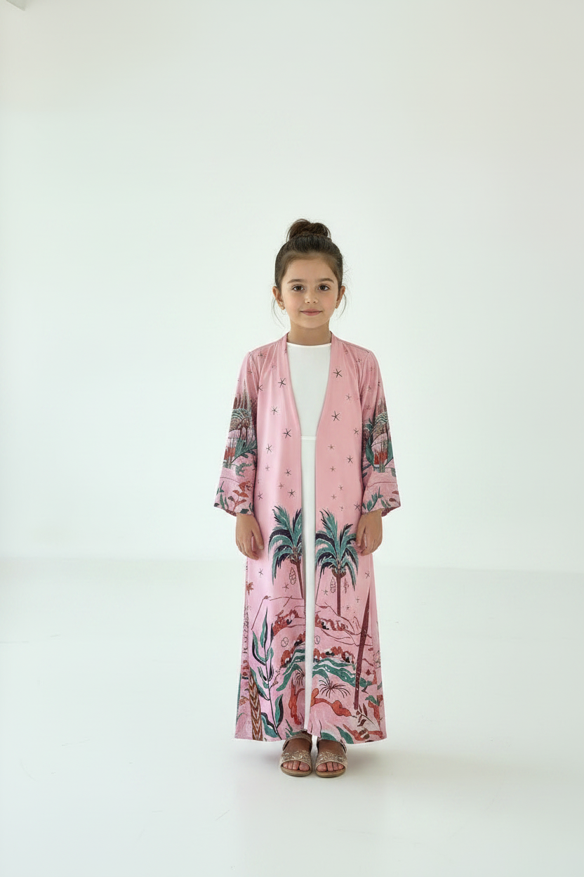 C 2571 Pink Tropical Printed Kids Abaya