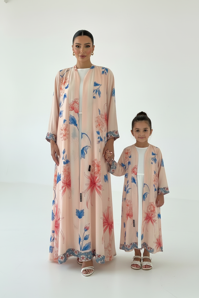 C 2572 Peach Floral Printed Kids Abaya