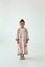 C 2572 Peach Floral Printed Kids Abaya