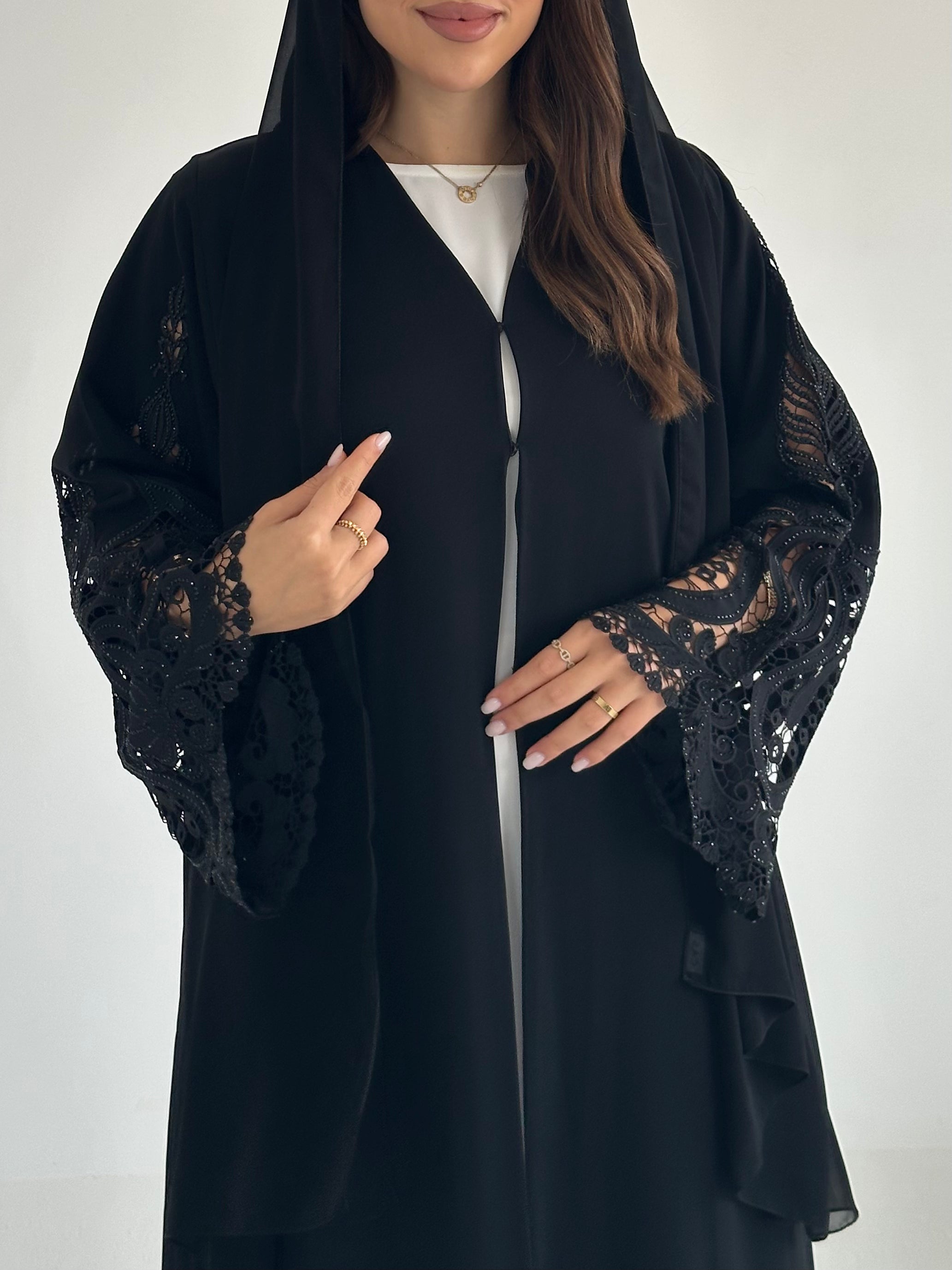 C 2578 Black Crystal Lace Abaya