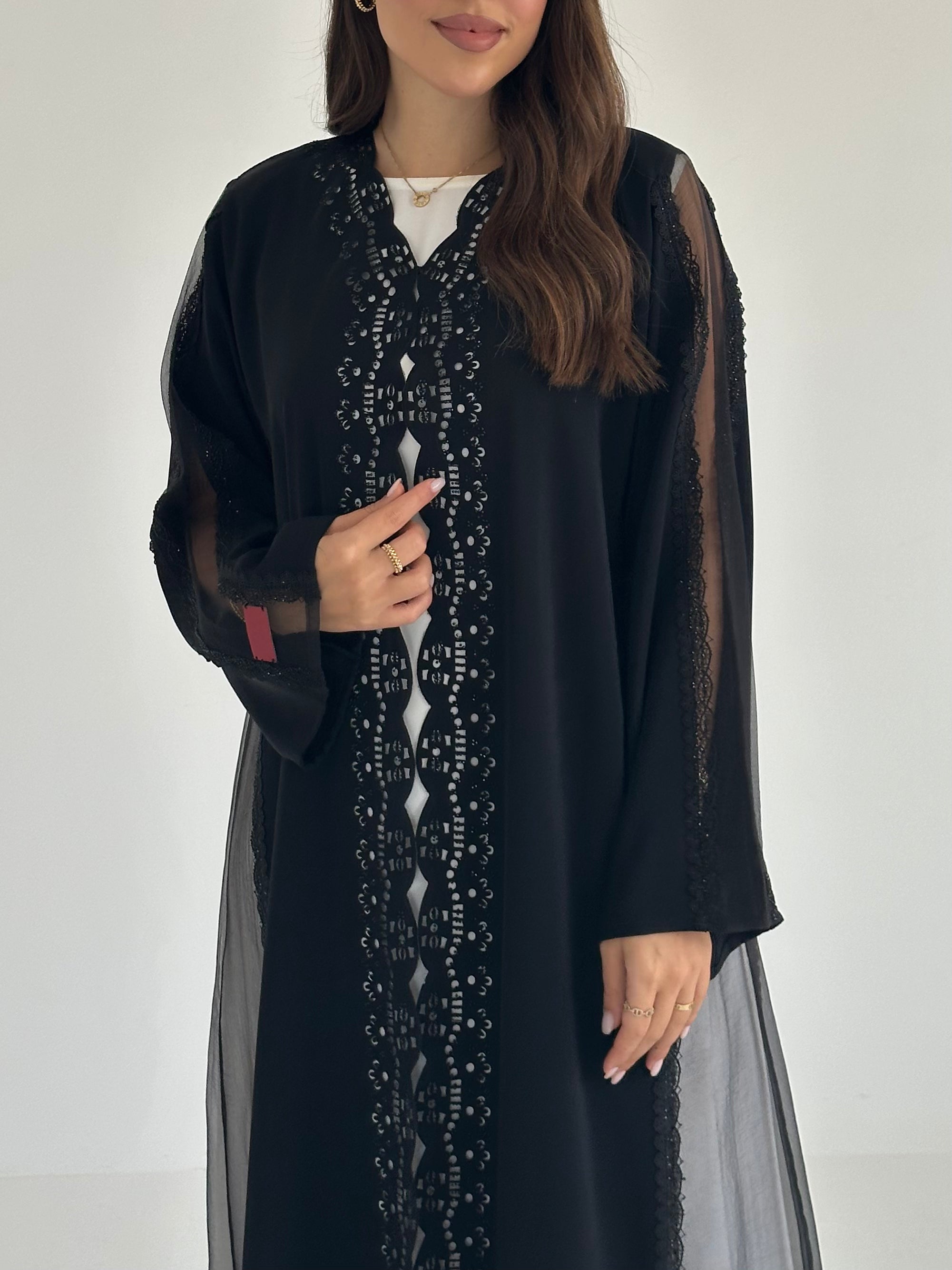 C 2580 Black Crystal Dantel Abaya