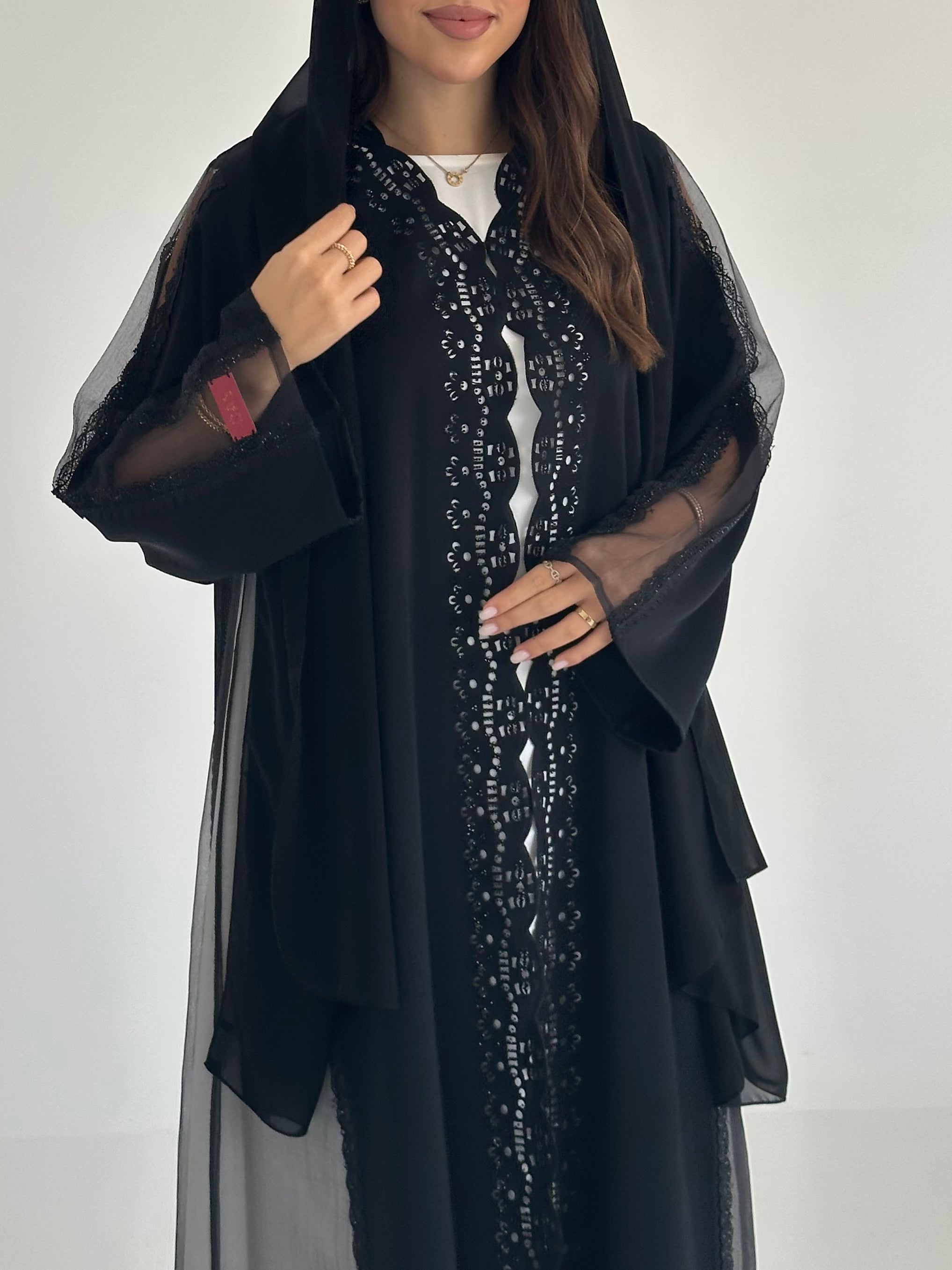 C 2580 Black Crystal Dantel Abaya