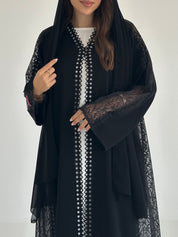 C 2581 Black Crystal Dantel Abaya