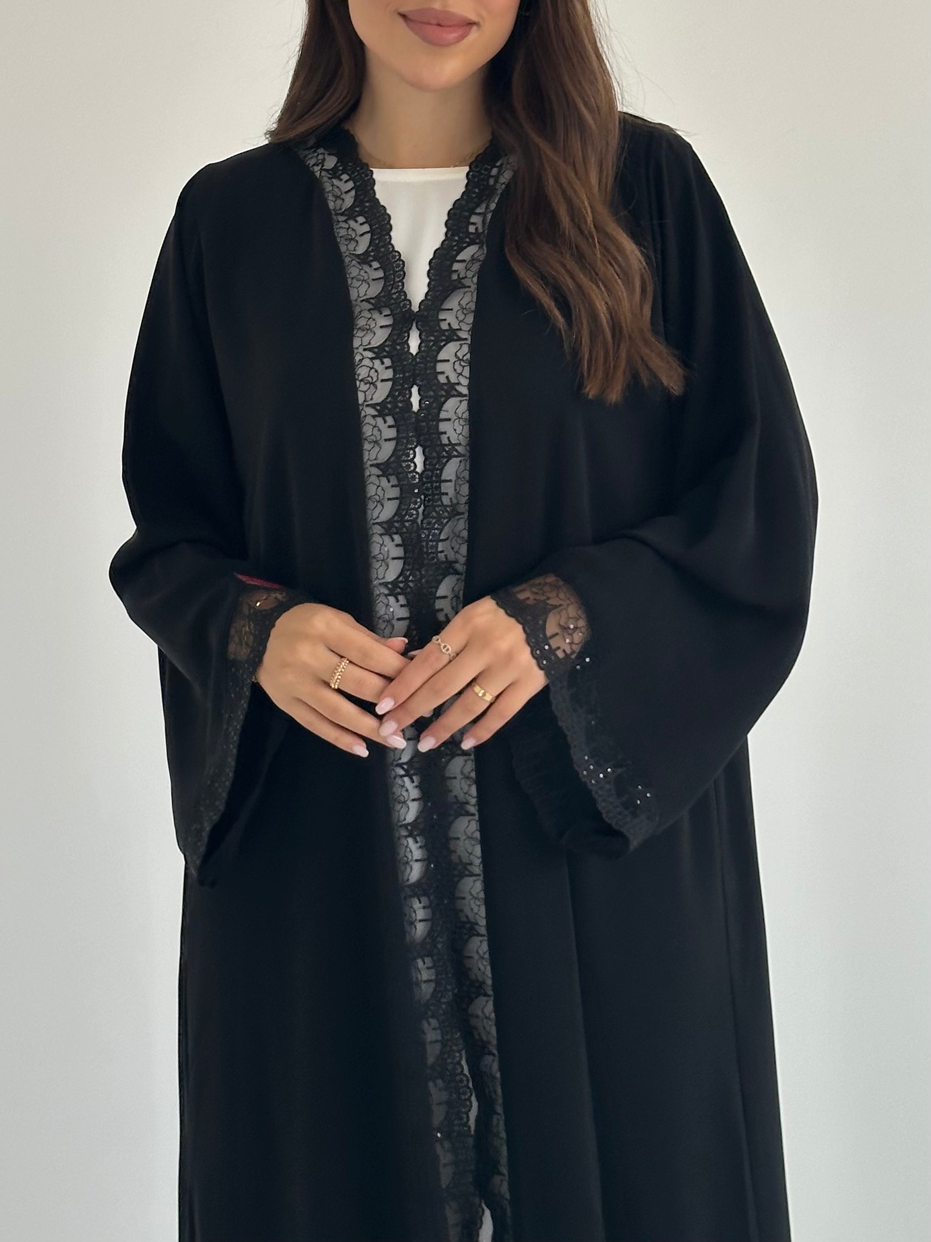 C 2583 Black Sequins Lace Abaya