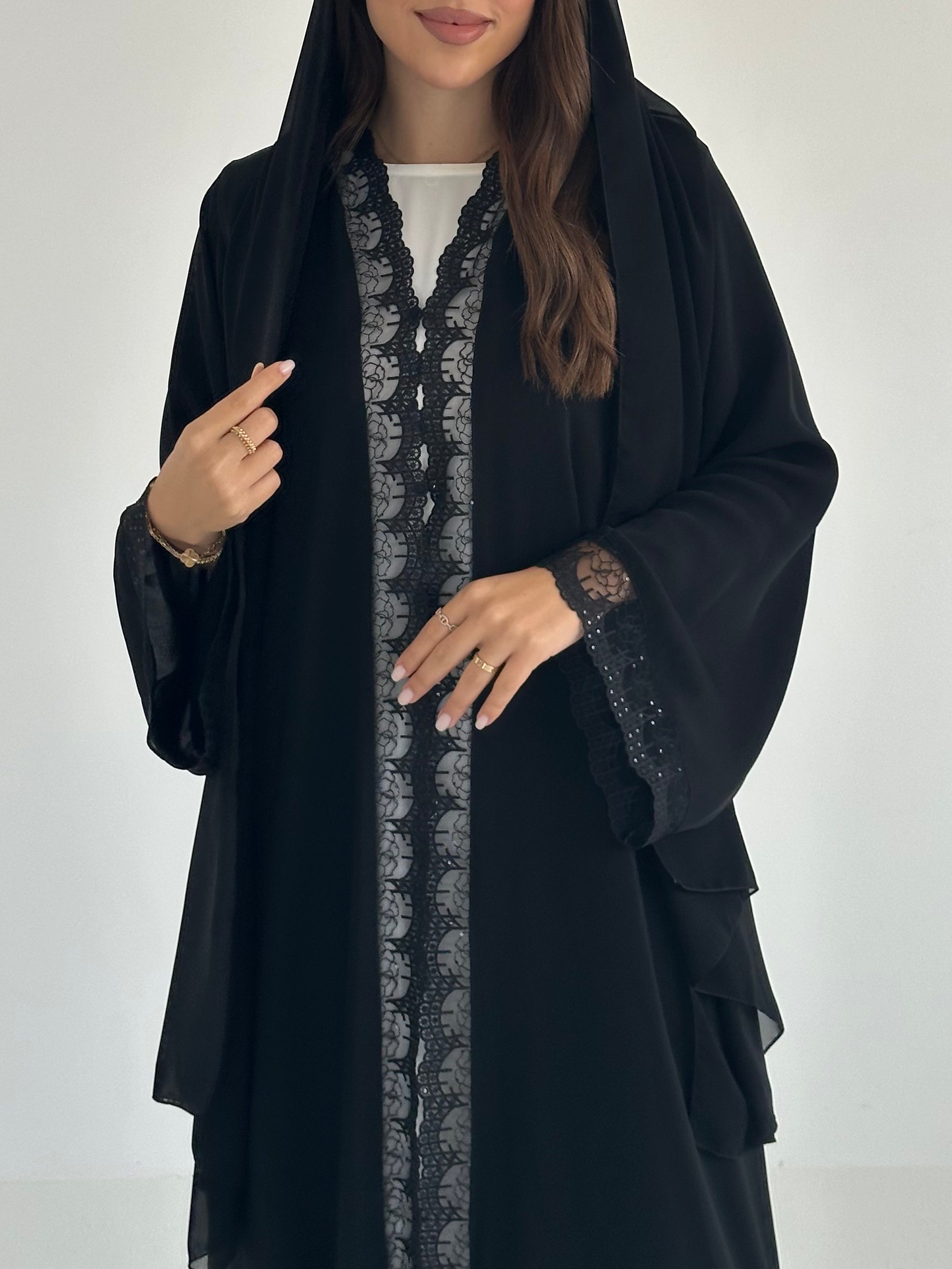 C 2583 Black Sequins Lace Abaya