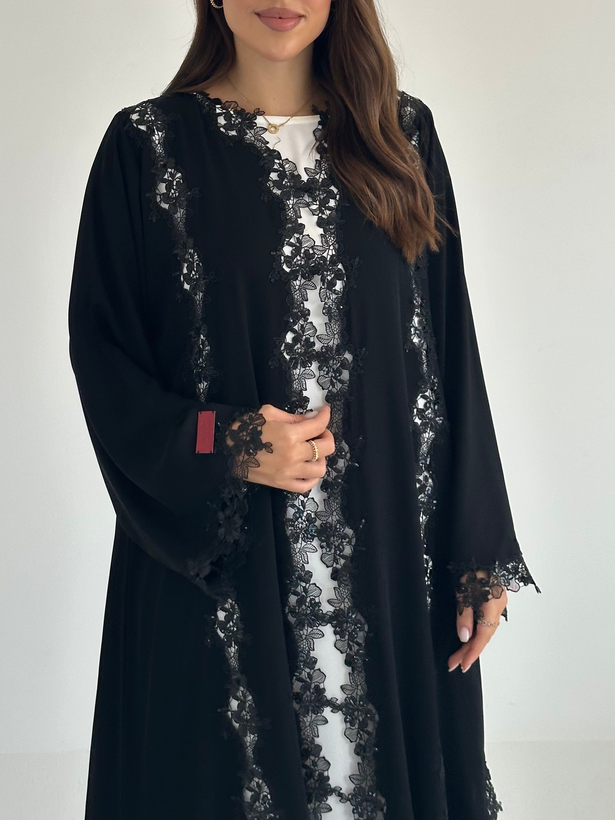 C 2585 Black Floral Lace Abaya