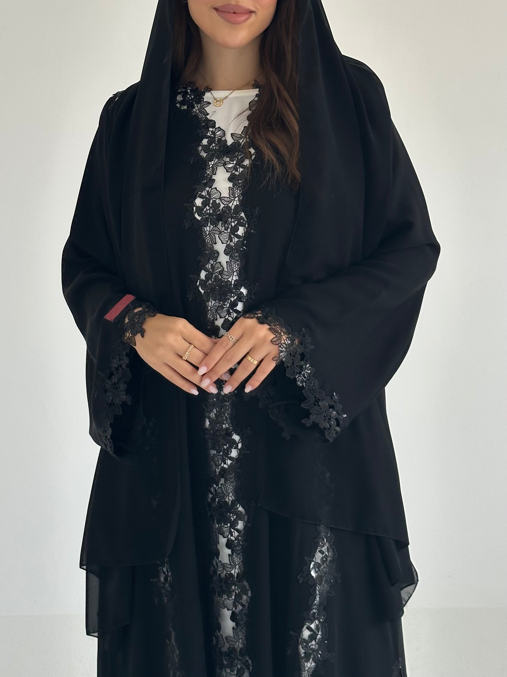 C 2585 Black Floral Lace Abaya