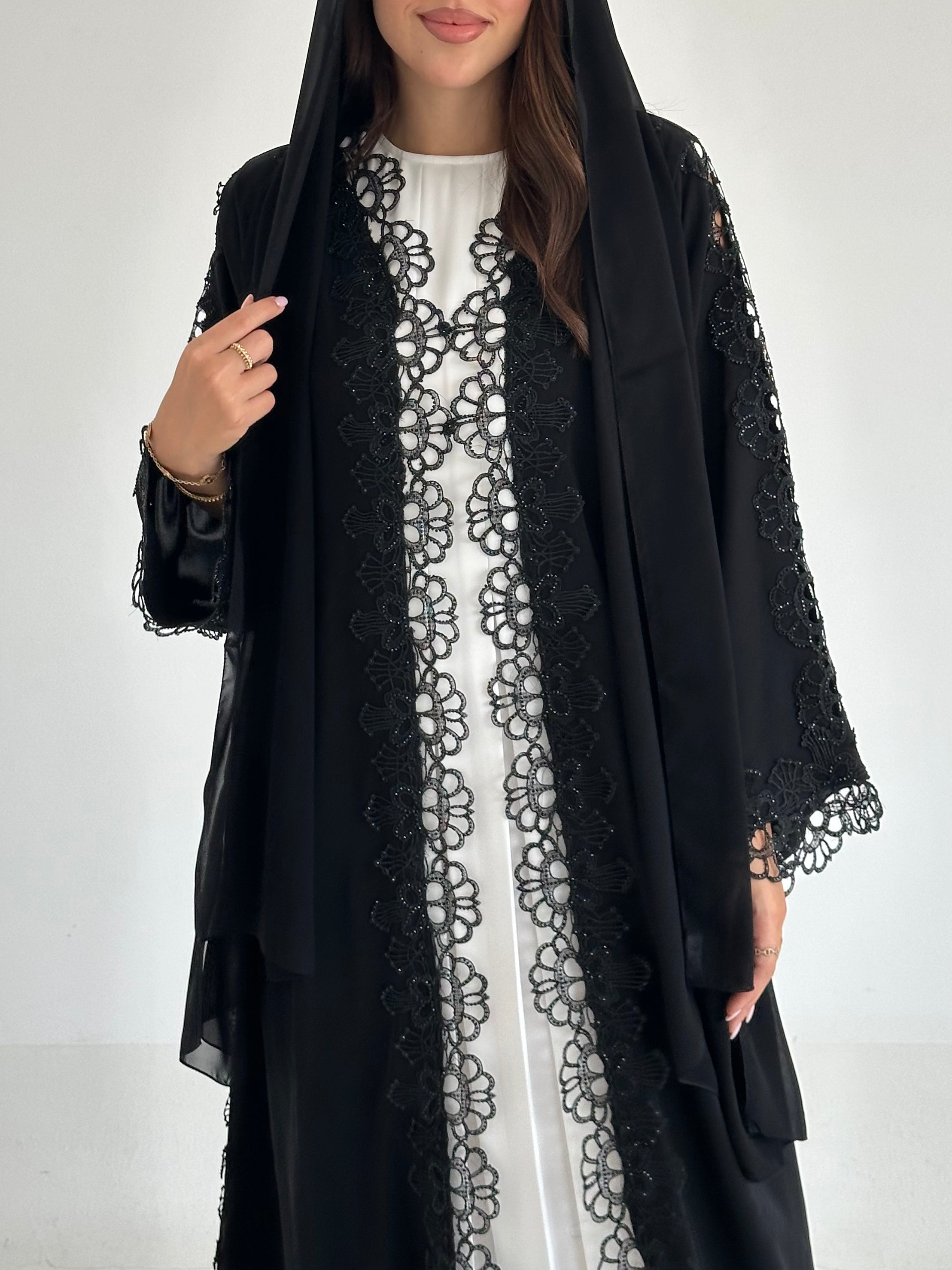 C 2588 Black Crystal Lace Abaya