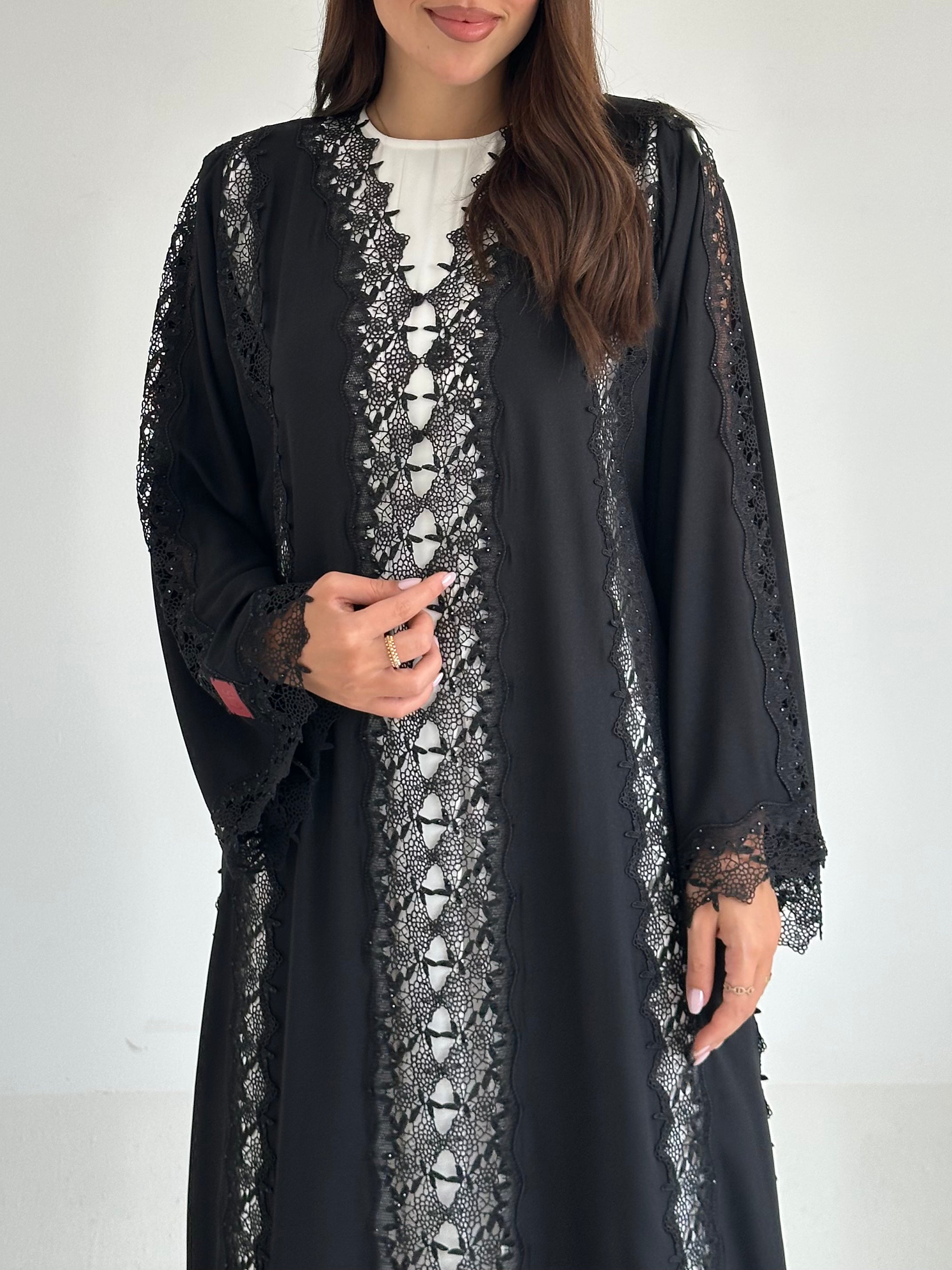 C 2589 Black Crystal Lace Abaya