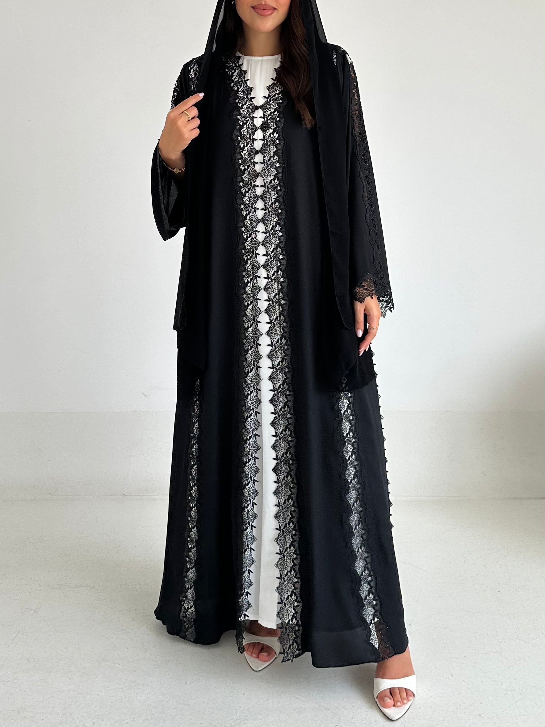 C 2589 Black Crystal Lace Abaya