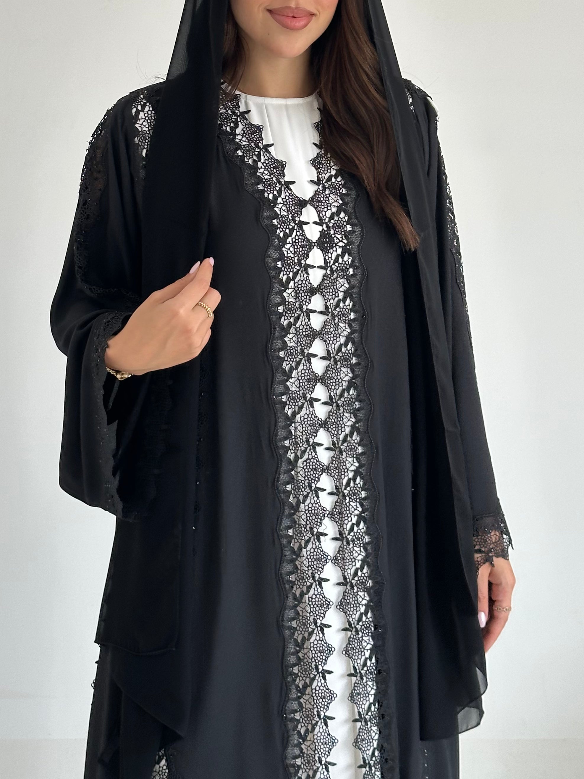 C 2589 Black Crystal Lace Abaya
