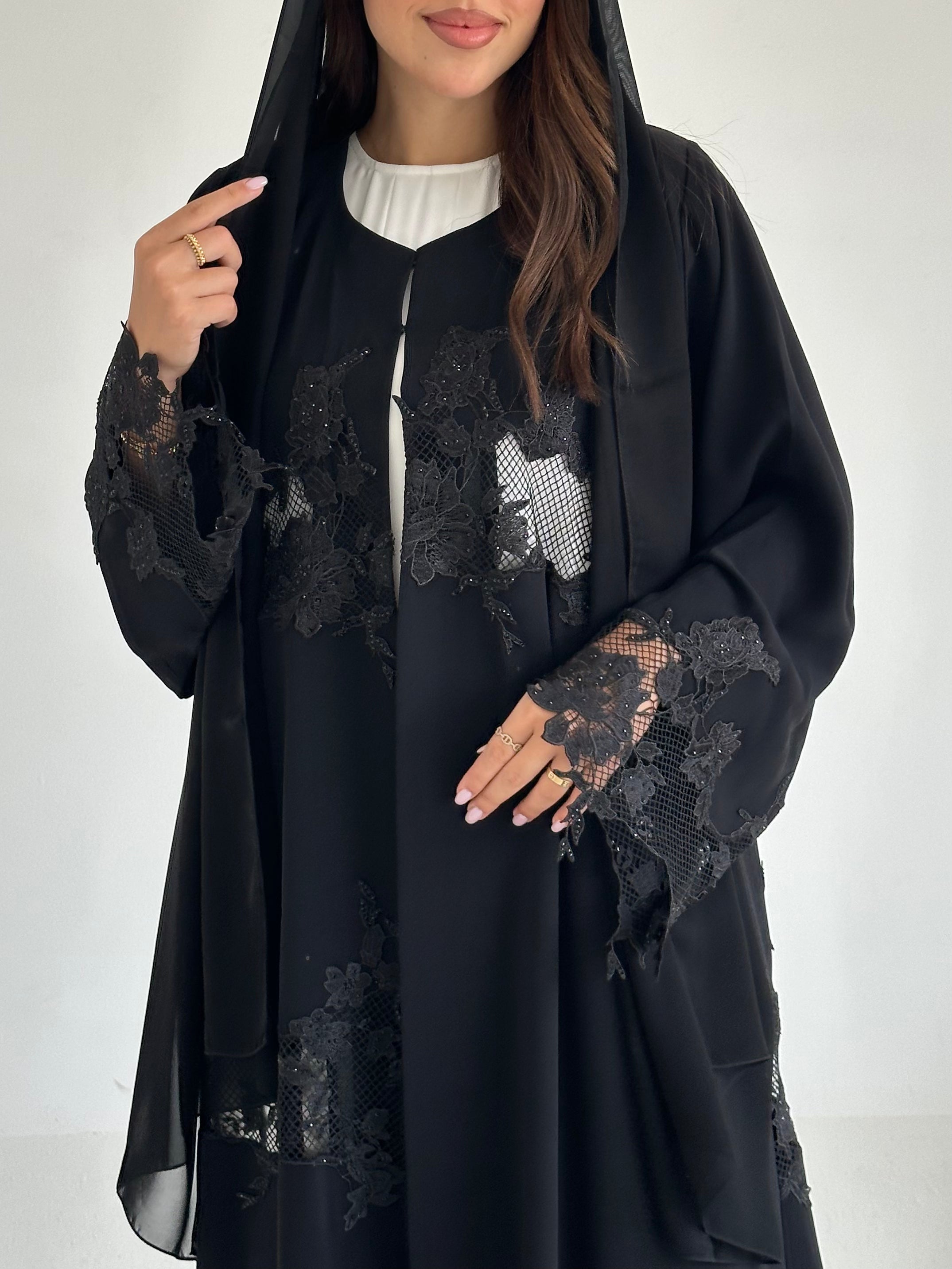 C 2590 Black Crystal Lace Abaya