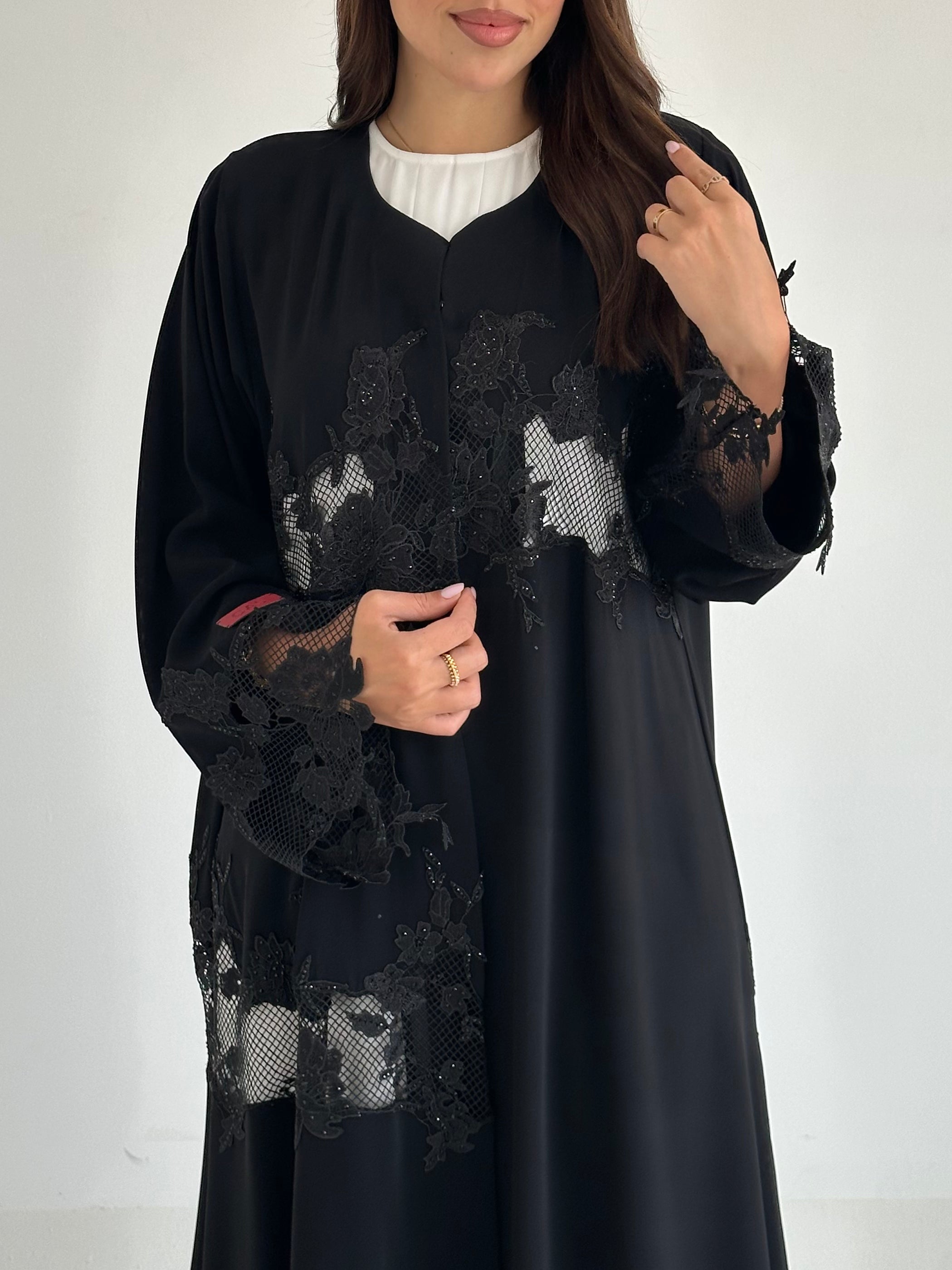 C 2590 Black Crystal Lace Abaya