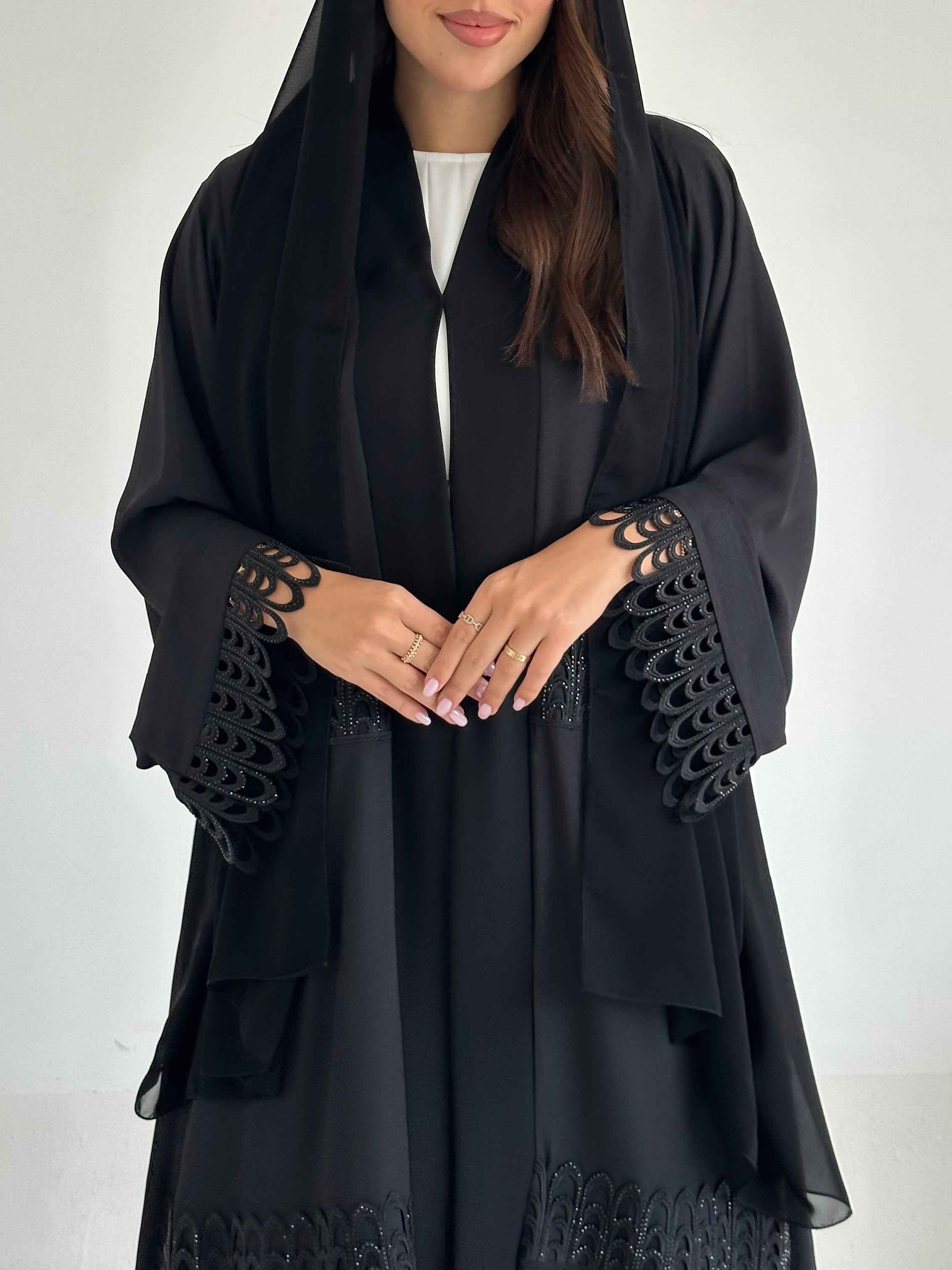 C 2591 Black Crystal Lace Abaya